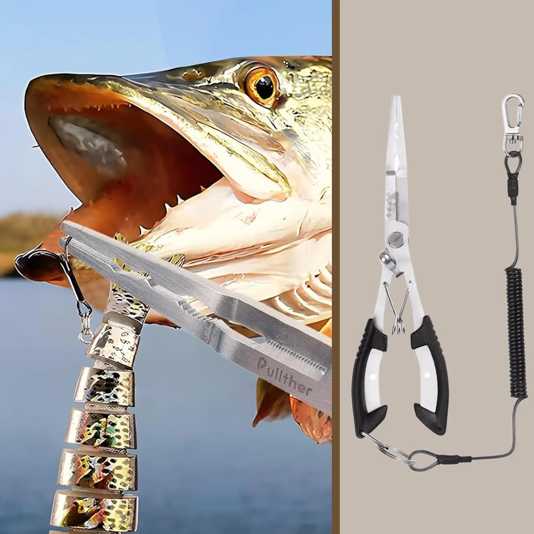 Pinza da Pesca Multifunzione in Acciaio Inossidabile, Tagliasnodi e Slamatore con Cordino di Sicurezza