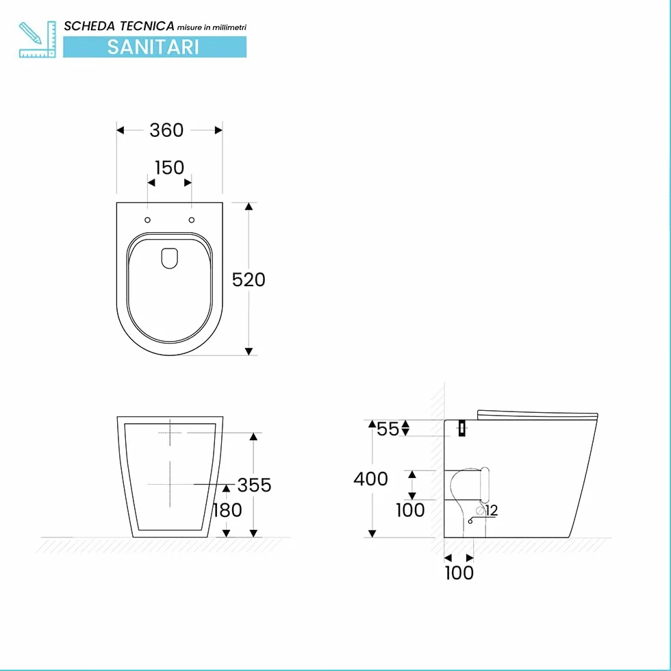 Coppia Sanitari Filomuro Serie Ukra WC E Bidet Ceramica Bianco Rimless Soft-Close