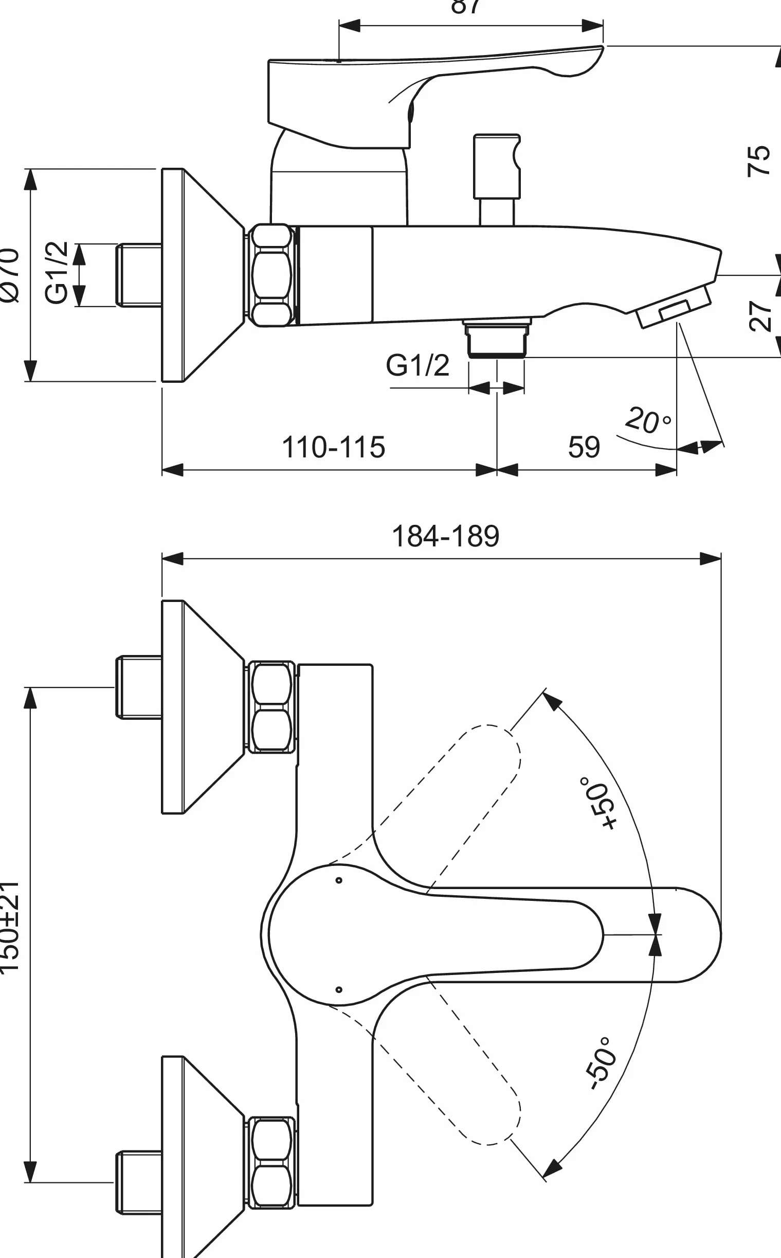 Ideal Standard - Alpha, Miscelatore esterno per vasca, Due vie, Cromato