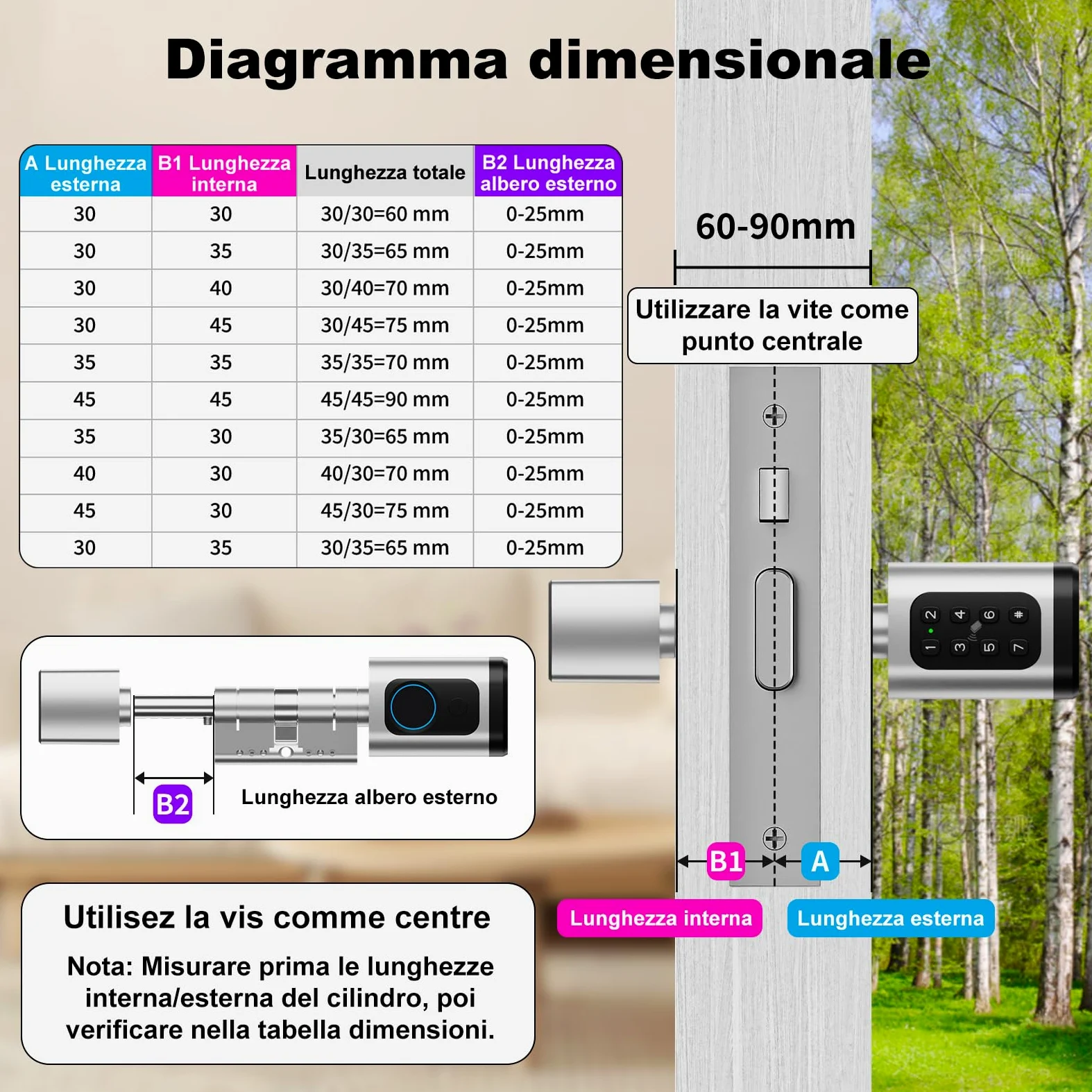 Serratura smart, serratura elettrica porta blindata con impronta digitale, lunghezza regolabile serratura elettrica con scheda RFID, app, WiFi, Bluetooth, 60–90 mm, accessori di prolunga, argento