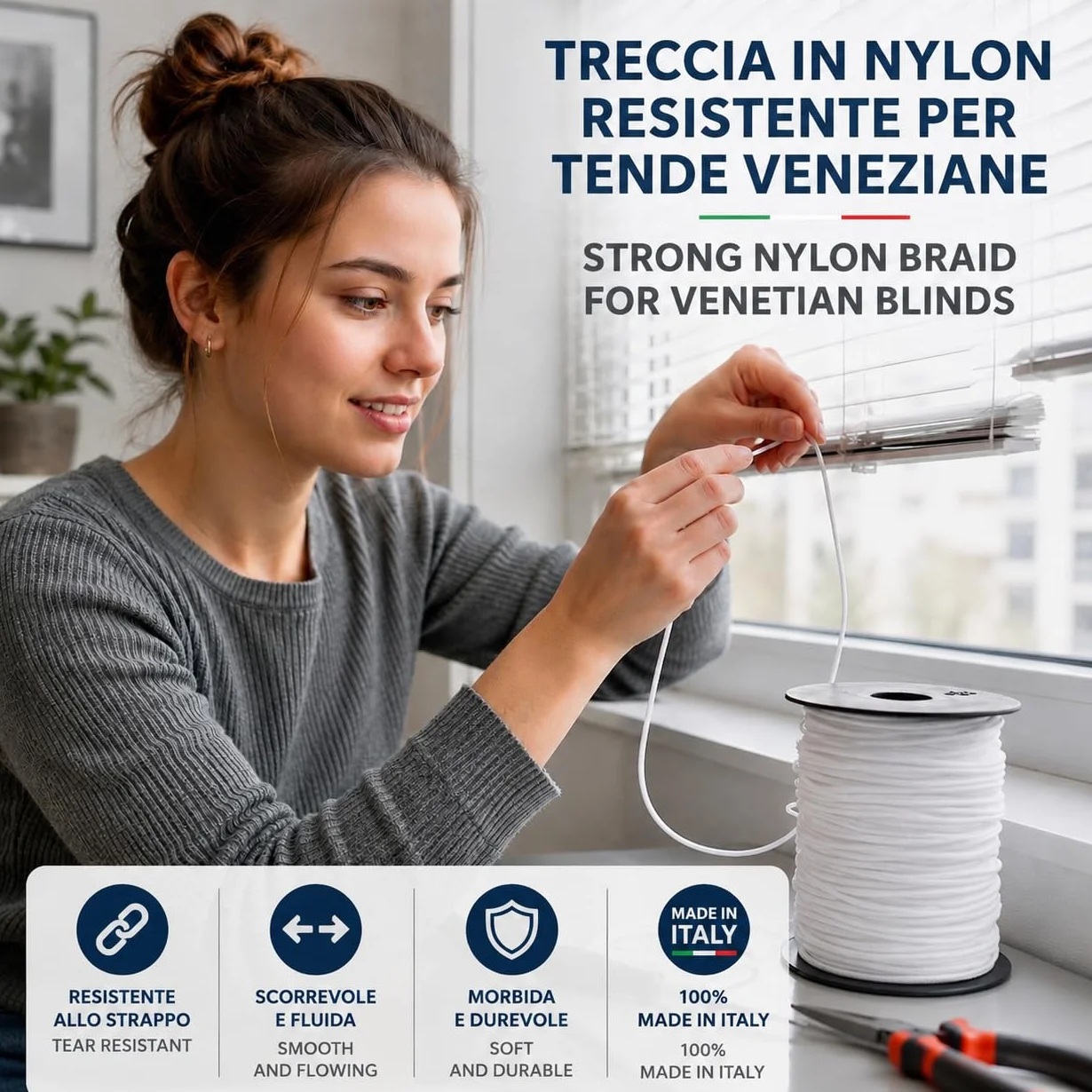 IPEA Treccia per Veneziana Bianca 3 mm in Nylon – [ 50 METRI ] – Made in Italy – Corda per Tende a Pacchetto, Mantovane, Tapparelle, Accessori, Fai Da te – Cordino Bianco Multiuso - Spessore 3 mm