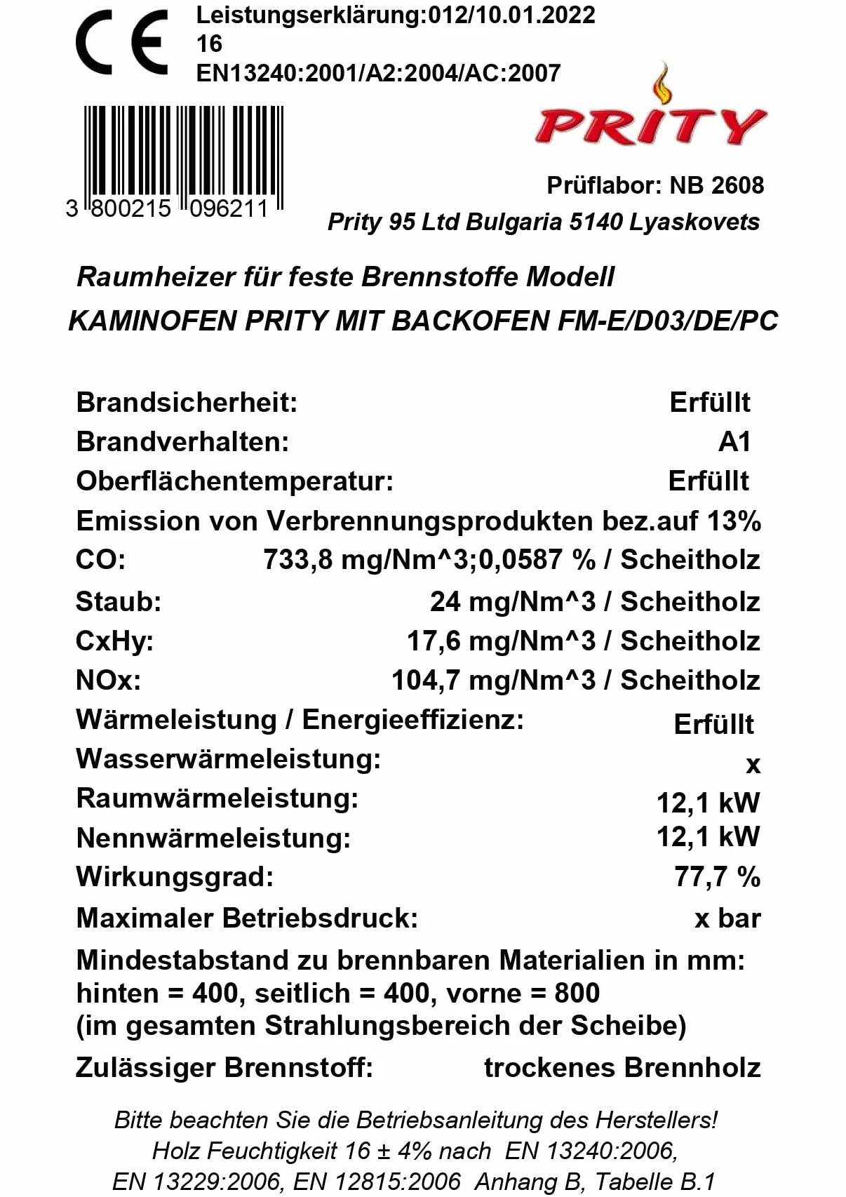 Stufa a legna Camino Prity FM E, 12KW