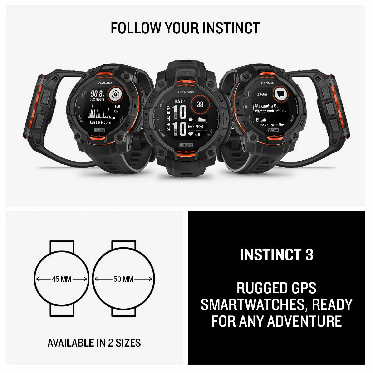 Garmin Instinct 3, Smartwatch, 45mm, Display SOLAR, Lunetta in alluminio, GPS Multi-band, 10ATM, Torcia LED, 90+ App per lo Sport, Pay, Connect IQ, Autonomia 28 giorni, Black Bezel