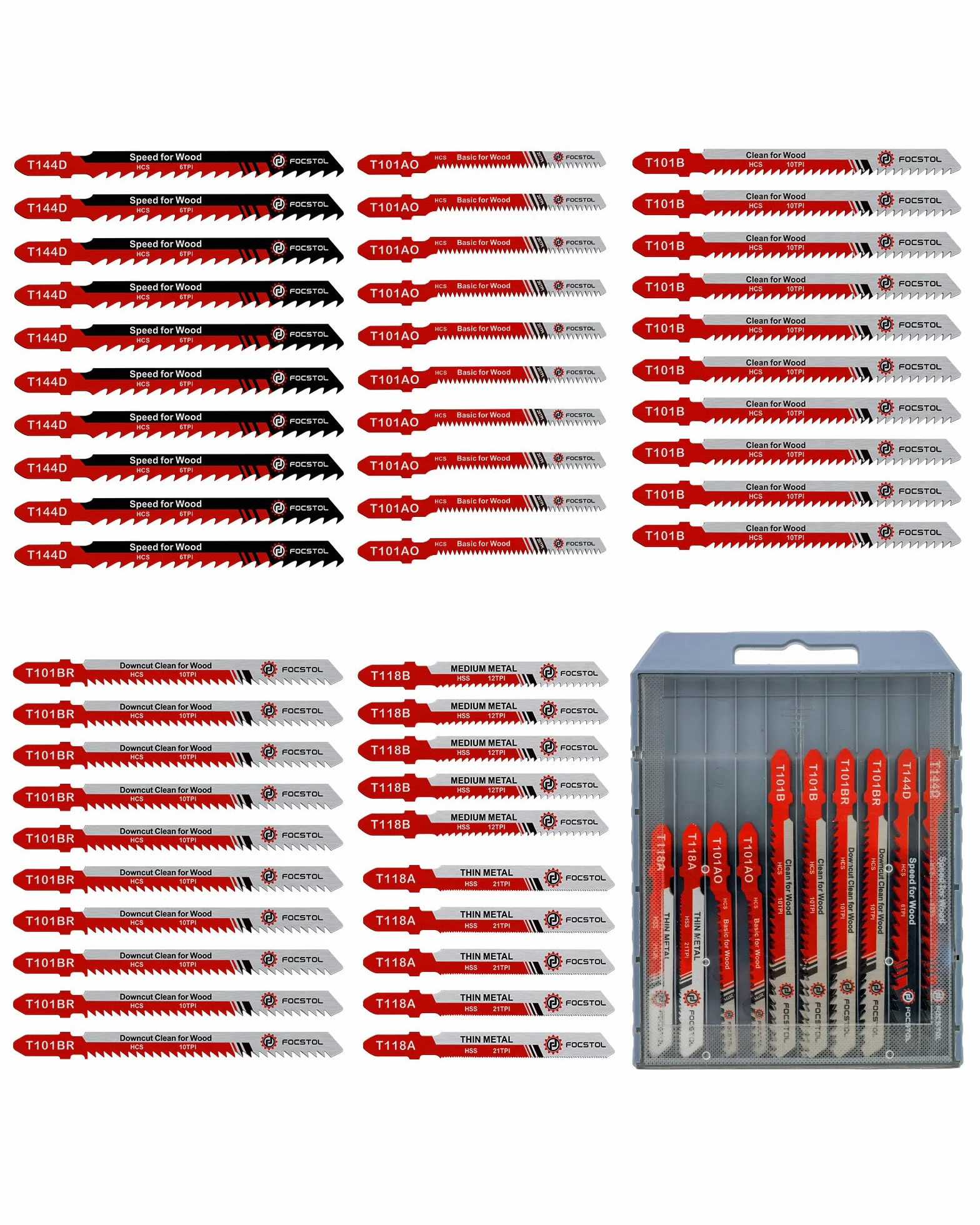 FOCSTOL Set di Lame per Seghetto Alternativo - 50 Pezzi HSS/HCS Lame per Aeghetti Alternativi con Codolo a T per Taglio Metallo, Legno, Plastica (T118A,T118B,T101AO,T101B,T101BR,T144D)