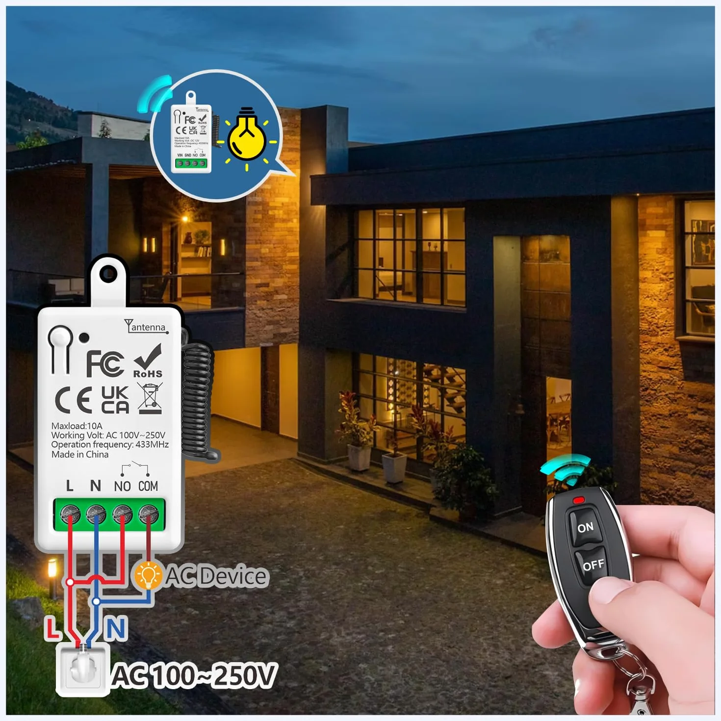 433 MHz AC 220V 230V 1 Canale Interruttore Remoto Wireless Modulo Ricevitore Rele RF con 5 Trasmettitori