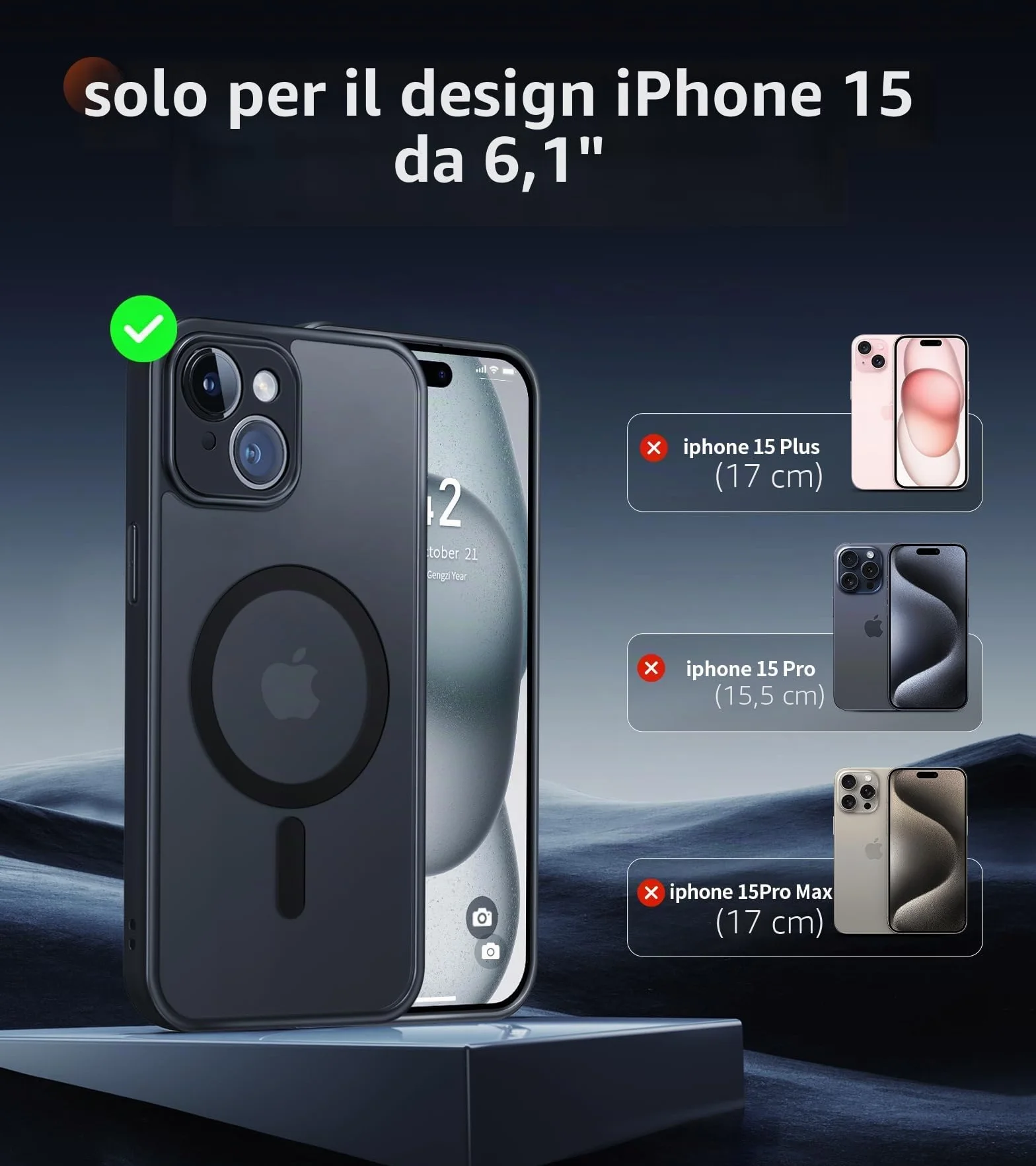 FLLAO Cover Magnetica per iPhone 15 Custodia e 2 Pellicole in Vetro Temperato, Cover iPhone 15 Compatibile con Magsafe, Custodia Traslucida Opaca Posteriore Sottile Antiurto Protettiva Case, Nero