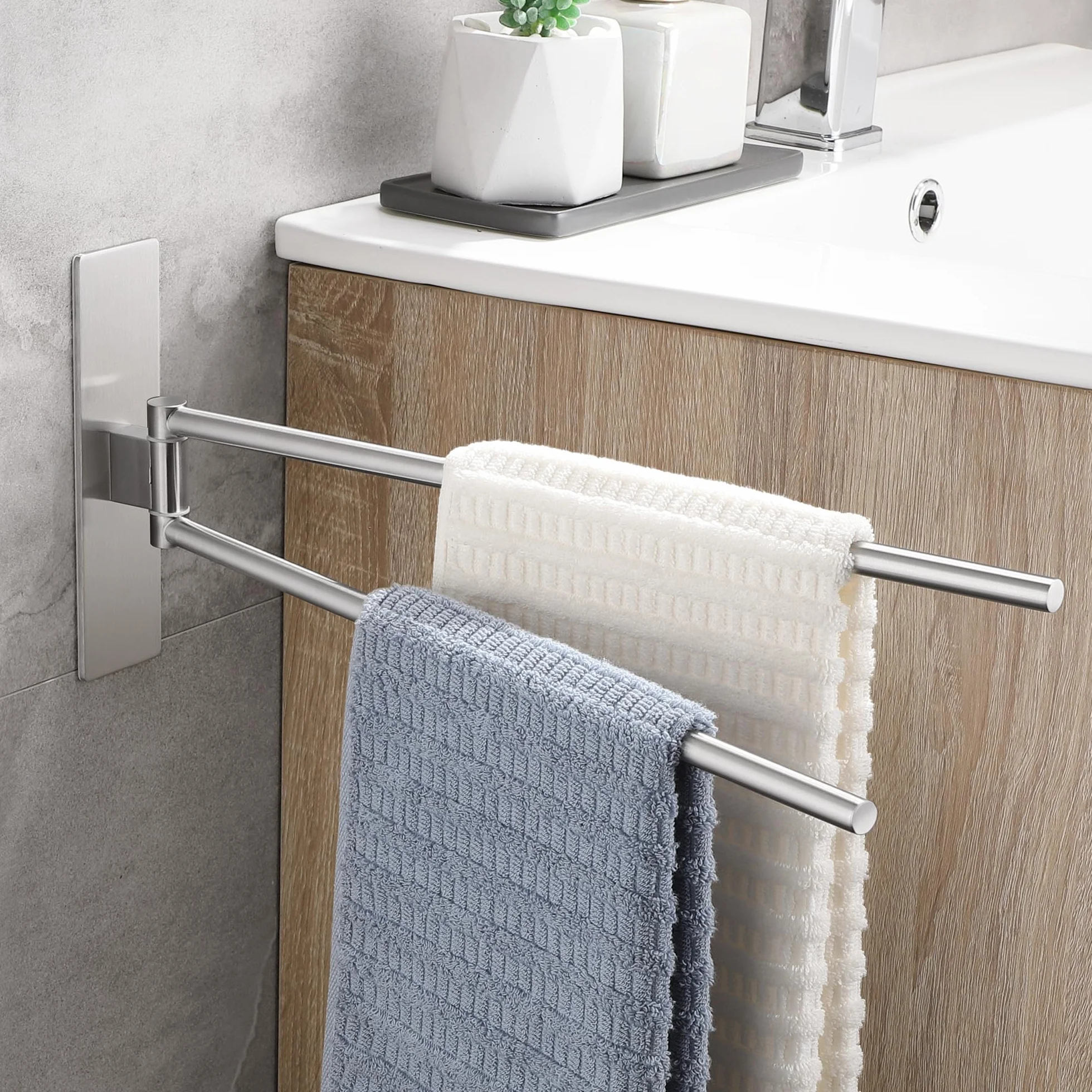 Porta Asciugamani Bagno Adesivo Girevole 180° Acciaio Inox 304 Senza Foratura Spazzolato Argento