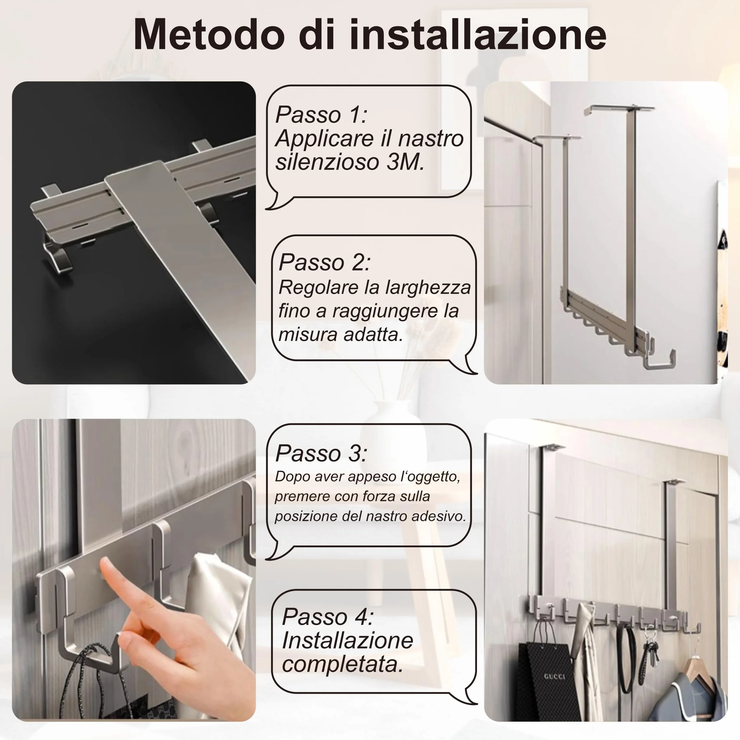 Appendiabiti da porta Regolabile 8 ganci salvaspazio resistente grigio 18cm