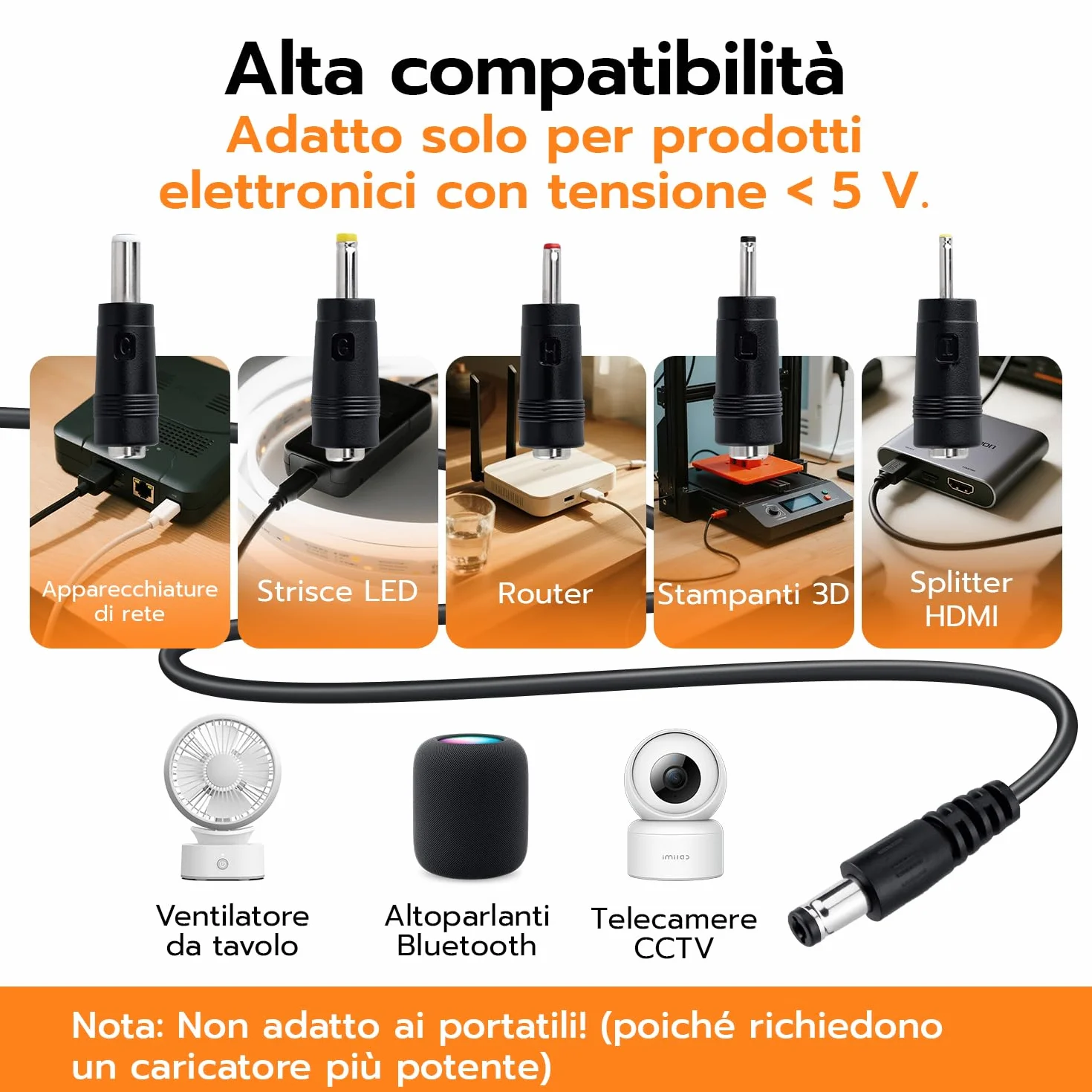 Cavo di Alimentazione da USB a DC 5V,Cavo di Ricarica USB con 5 connettori DC, Ingresso a Uscita DC 5,5 x 2,5 mm, per router, CCTV