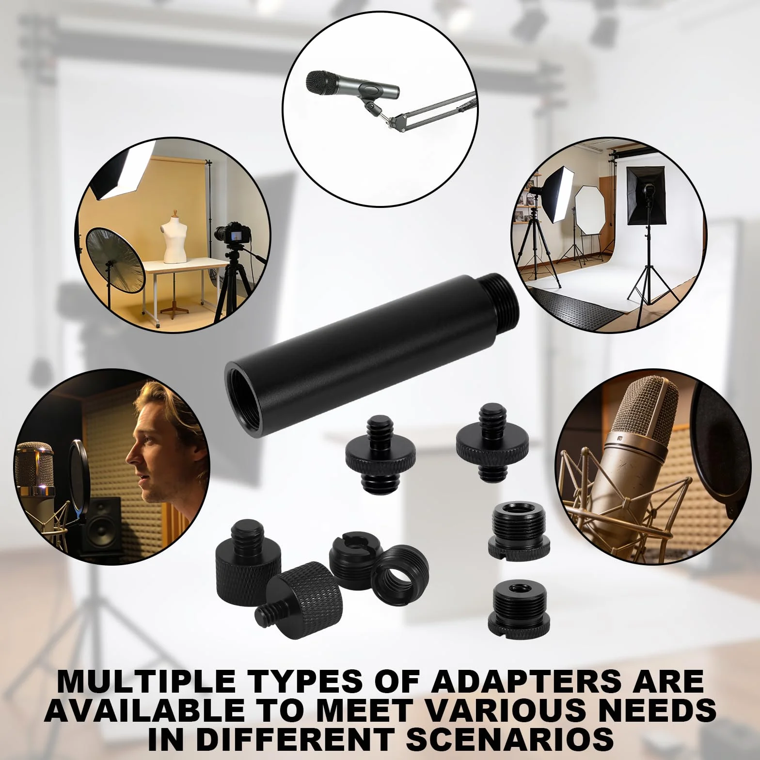 13pz Adattatore per Supporto Microfono Viti con Tubo di Prolunga, Lega Alluminio Convertitori di Filettatura da 3/8" a 5/8" e 1/4" per Braccio Microfono Treppiede Fotocamera Luce Riempimento