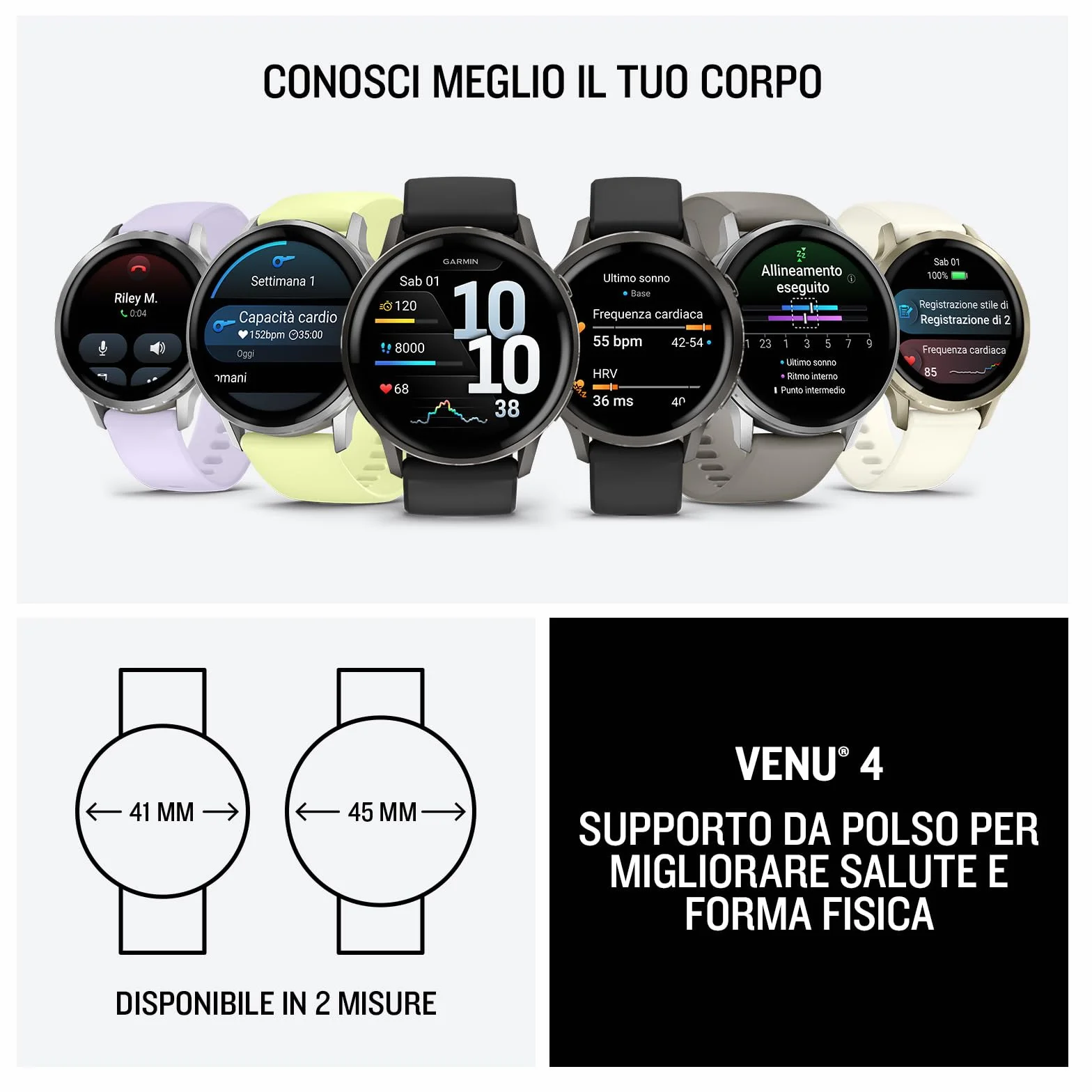 Garmin Venu 4, 45mm, Smartwatch per il fitness, Display AMOLED 1,4", Speaker e Microfono, Comandi Vocali, GPS Multi-band, Torcia, 80+ App per lo Sport, Autonomia 12 giorni, Black & Slate