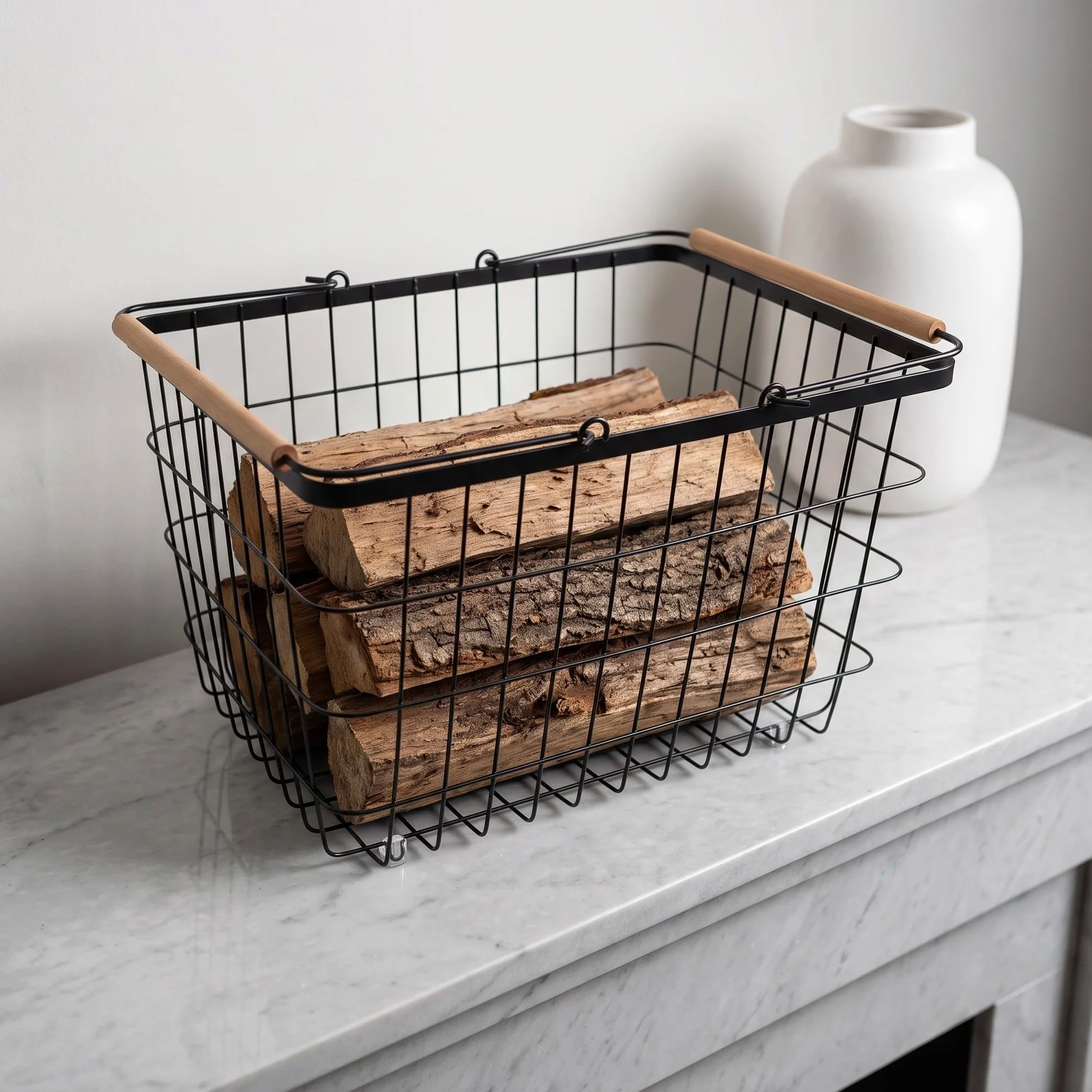 Zerodeko Cesto rettangolare in filo metallico per legna da ardere, nero, | Organizzatore di legna da ardere portatile in metallo, resistente e traspirante, adatto per interni, patio e giardino.