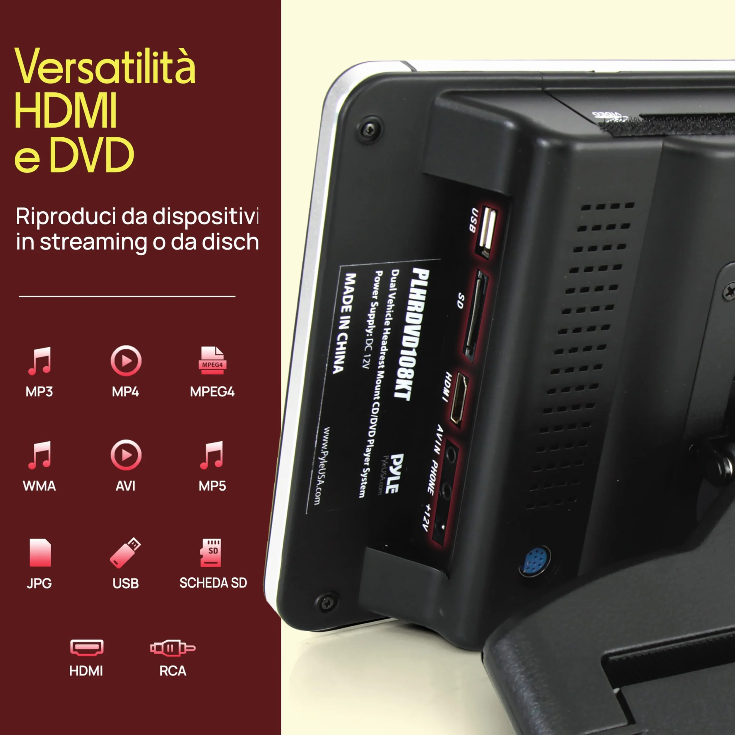 Pyle Schermo per Auto, per Poggiatesta Auto 26,7 cm con Lettore DVD Integrati, Trasmettitore IR/FM, HDMI, USB/SD, 2 Cuffie Wireless, Sistema Intrattenimento Sedile Posteriore Auto