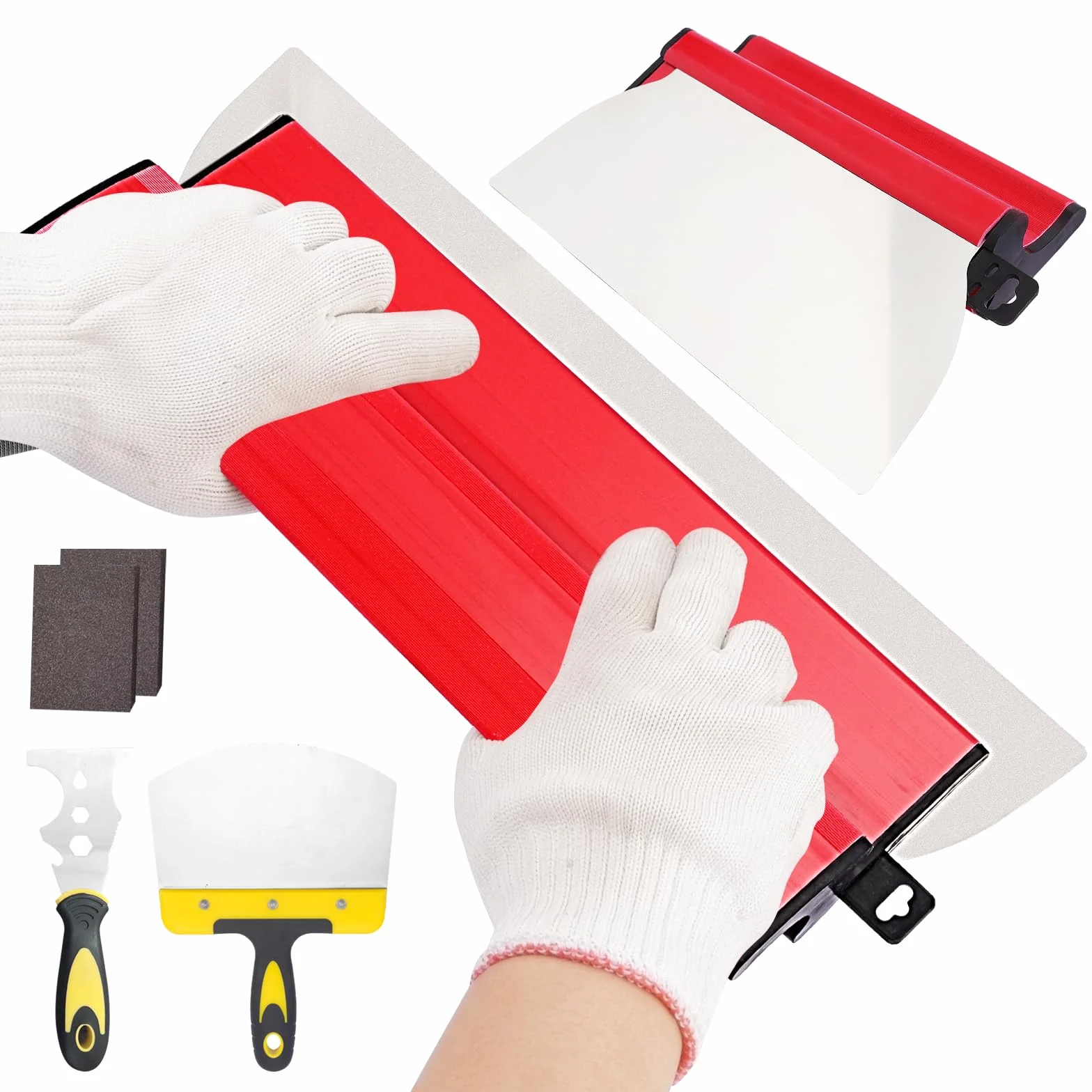Spatole per Stucco,Spatola per Stucco con Impugnatura a Z,Cazzuola Muratore Frattazzo per Rasatura,Incl Spatola Multiuso,2 Spugne Abrasive,Attrezzi per Cartongesso e Rasatura