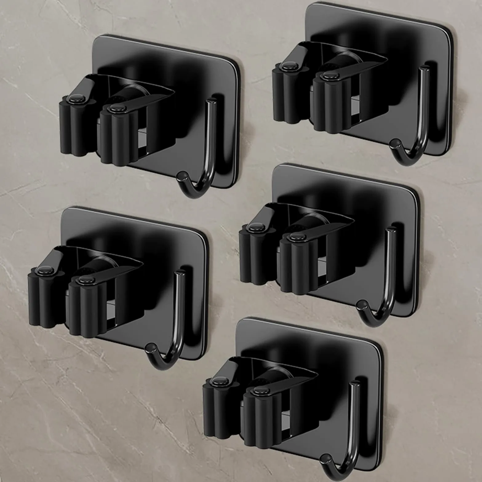 Supporto for mocio Autoadesivo, Appendiabiti for Montaggio a Parete con Ganci, Antiscivolo for impieghi gravosi, for Lavanderia, ripostiglio for Garage, Bagno (Color : Black, Size : 5 Pieces)