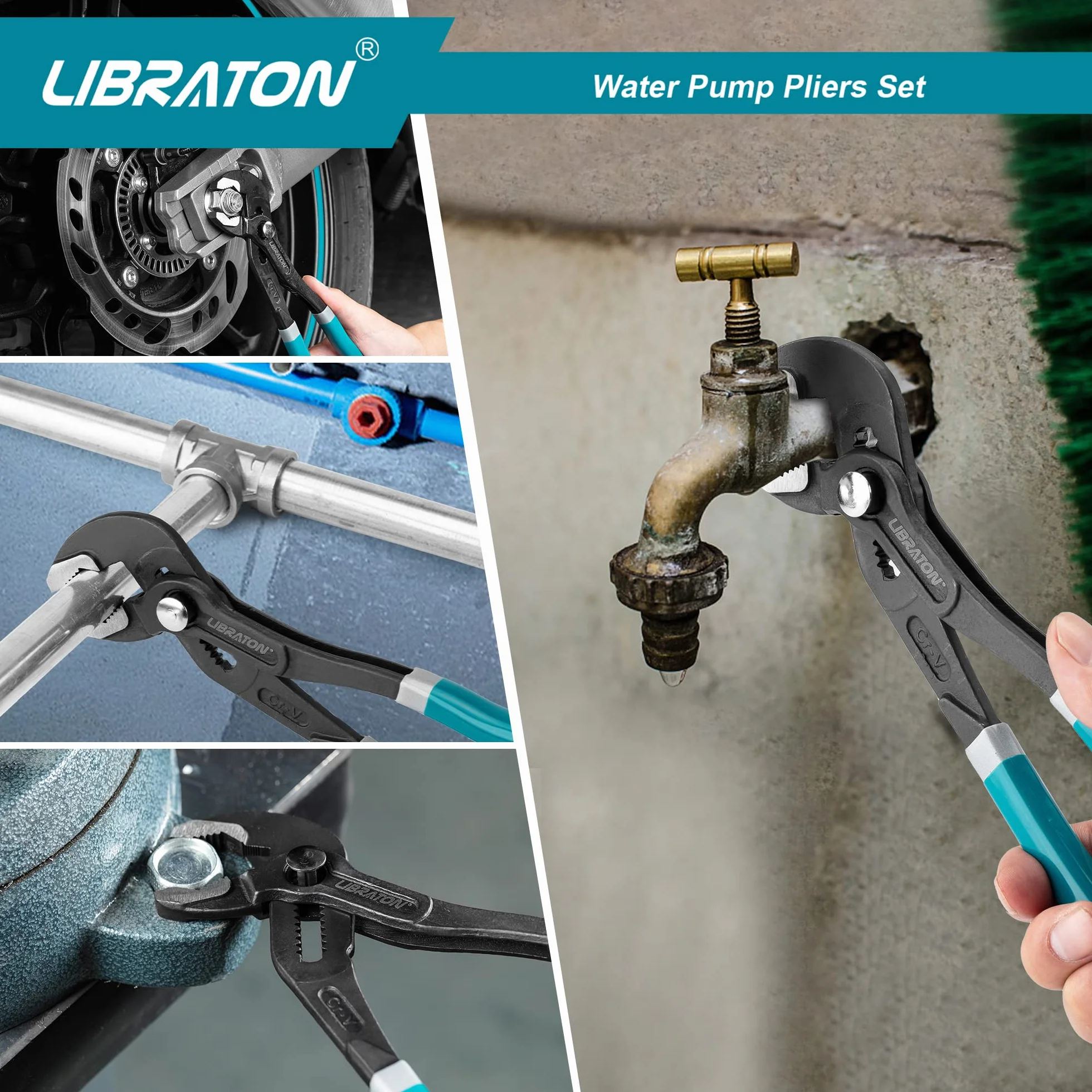Libraton Set pinze per pompa dell'acqua in acciaio Cr-V 3 pezzi regolazione rapida