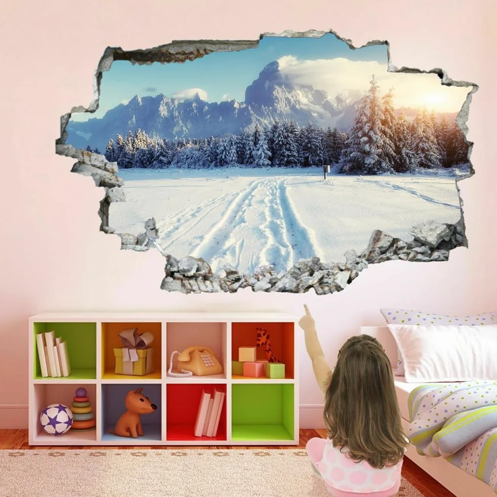 Adesivo Da Parete 3D Rimovibile Montagna Di Neve Decorazione Da Parete, Pavimento, Soffitto, Decalcomania Fracassata, Decorazione Artistica Albero Della Foresta Per Soggiorno, Murale 120x80cm