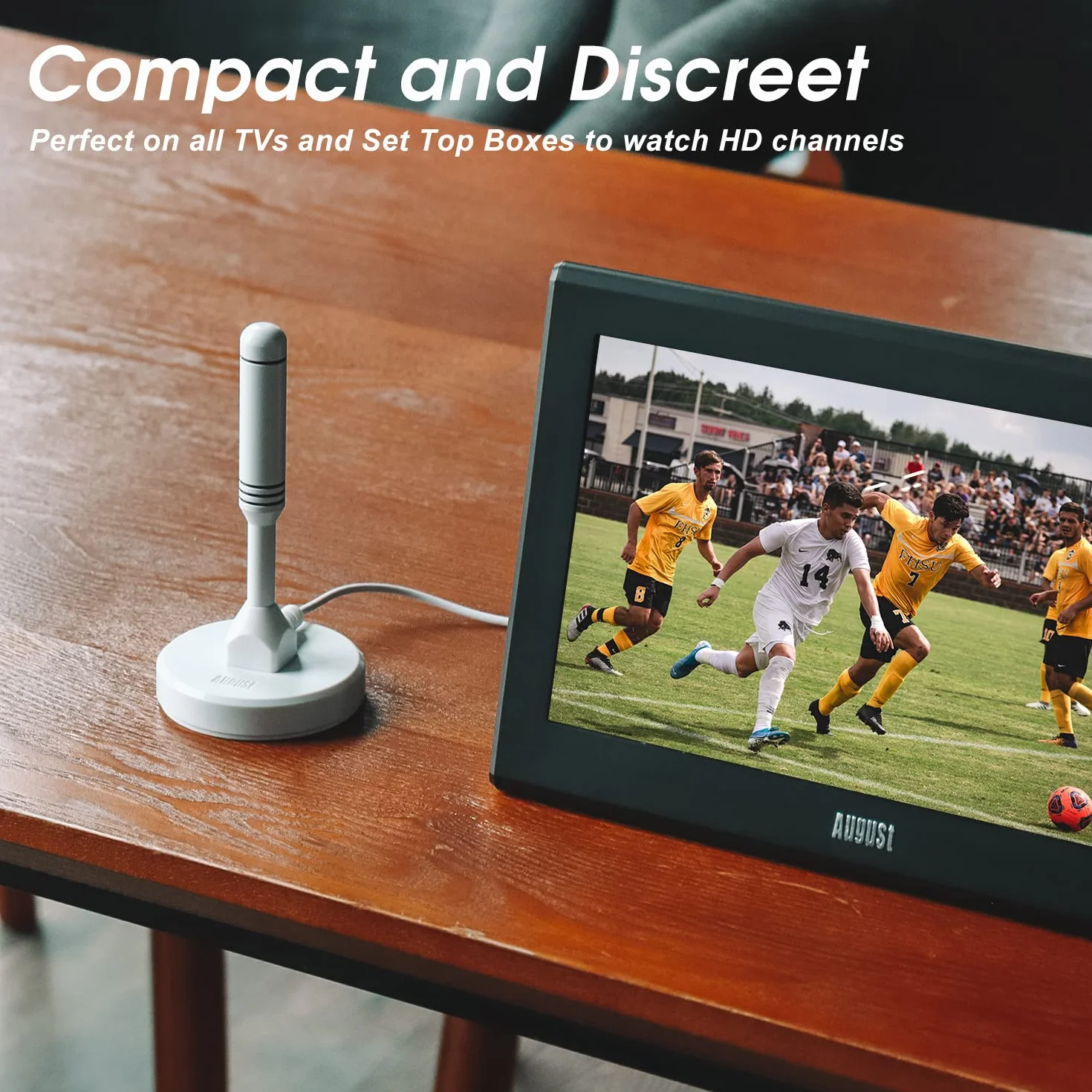 August DTA240 Antenna TV Interieur TNT HD potente Belgio, Digital e Digital UHD, Magnetica Magnetica, Piccola, Portatile, Discreta, UHF VHF per Soggiorno, Caravan Camping-Car, Cavo 2m - Bianco