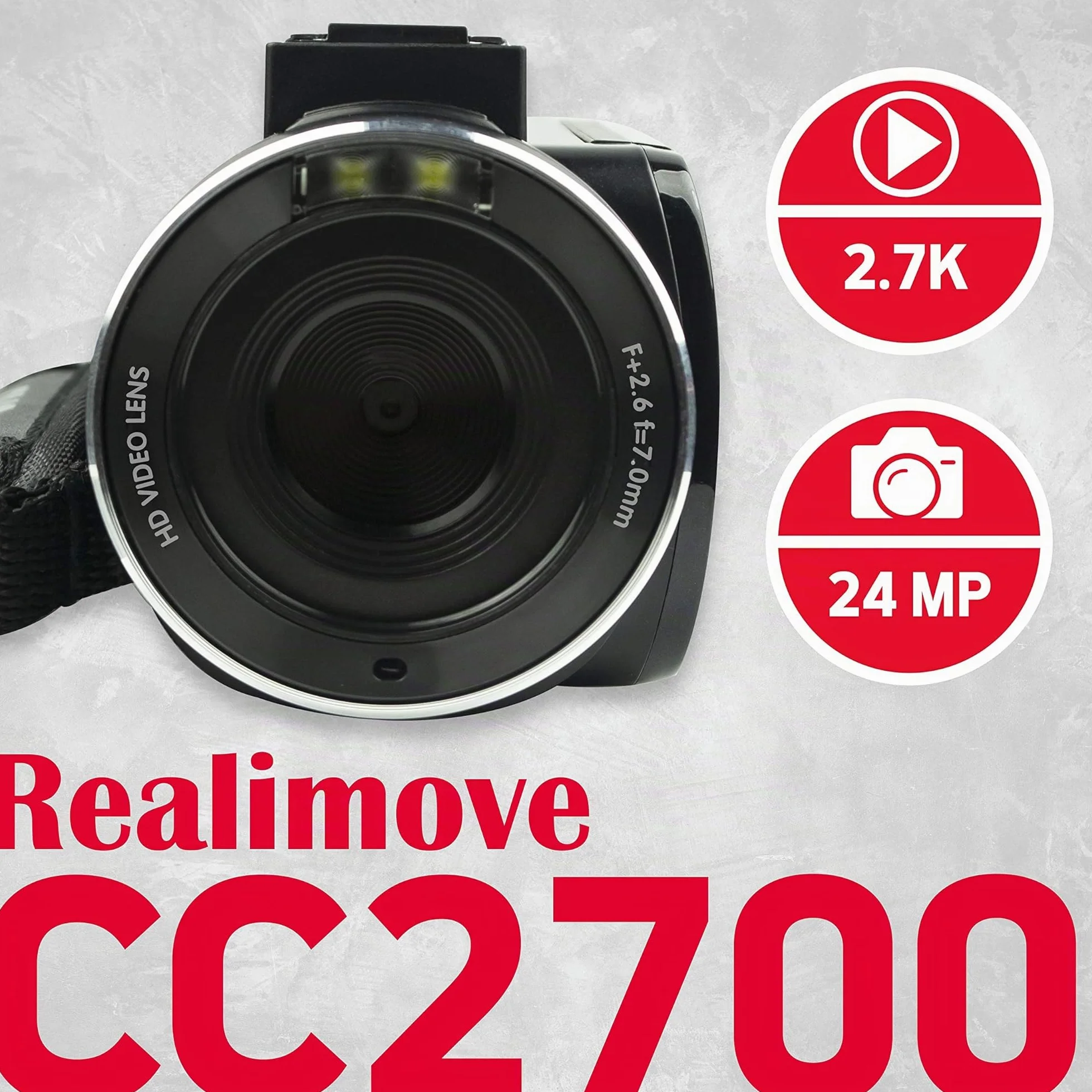 AGFA Photo Realimove CC2700 - Videocamera digitale (video 2.7K, 24MP, Touch Screen 3'', Zoom 18X, Telecomando, 2 Batterie, Micro, Batteria Litio) Nero