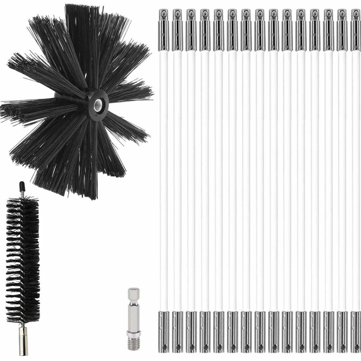 Kit di Pennello per Pulizia del Camino Spazzole per Camini Nylon Rotante Flessibile Spazzola Pulizia con 15 Aste Flessibili 1 Testa Pennello 200mm 1 Testa Pennello 38mm