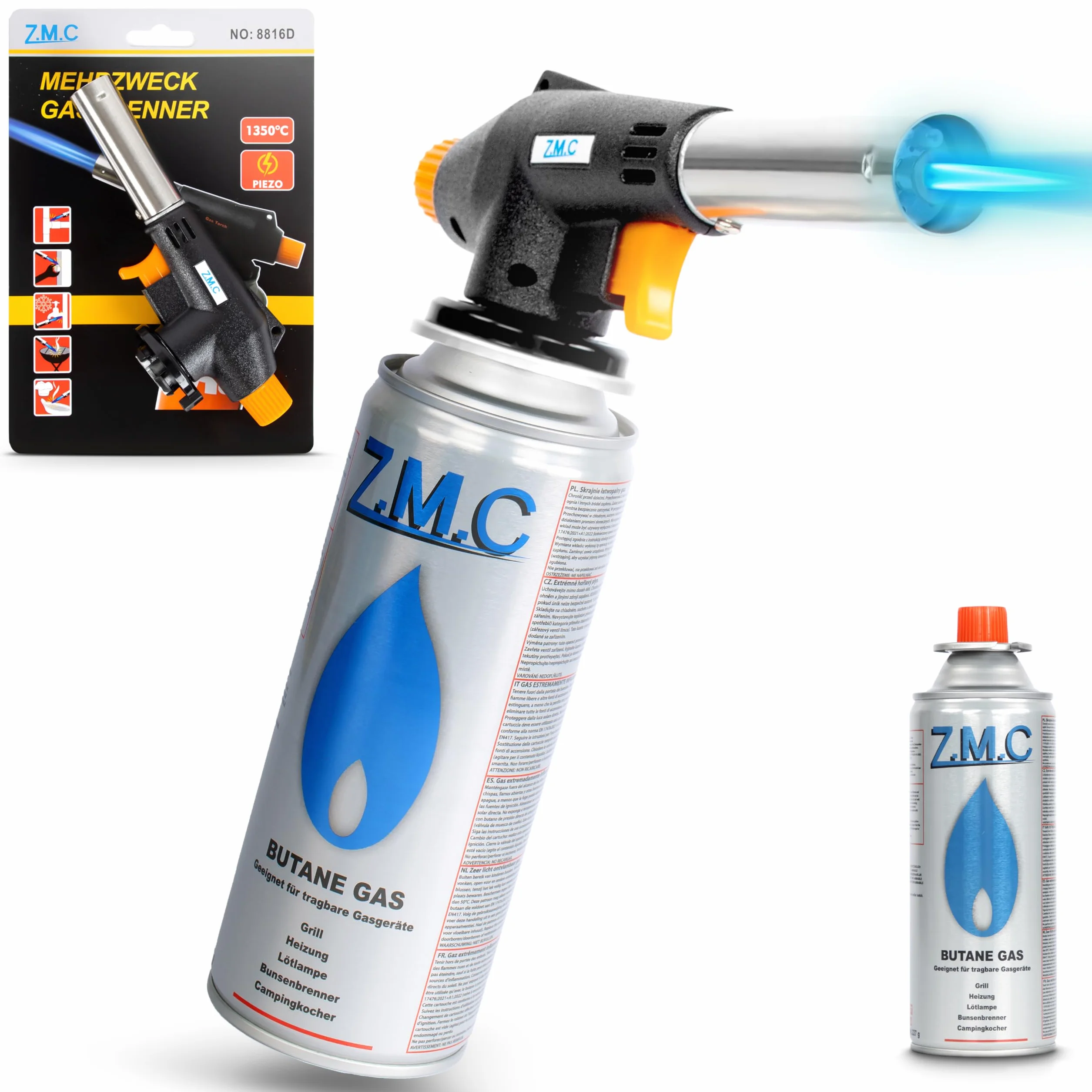 Bruciatore a gas Z.M.C 1300°C fiamma regolabile torcia saldatura cucina 28 cartucce 227g