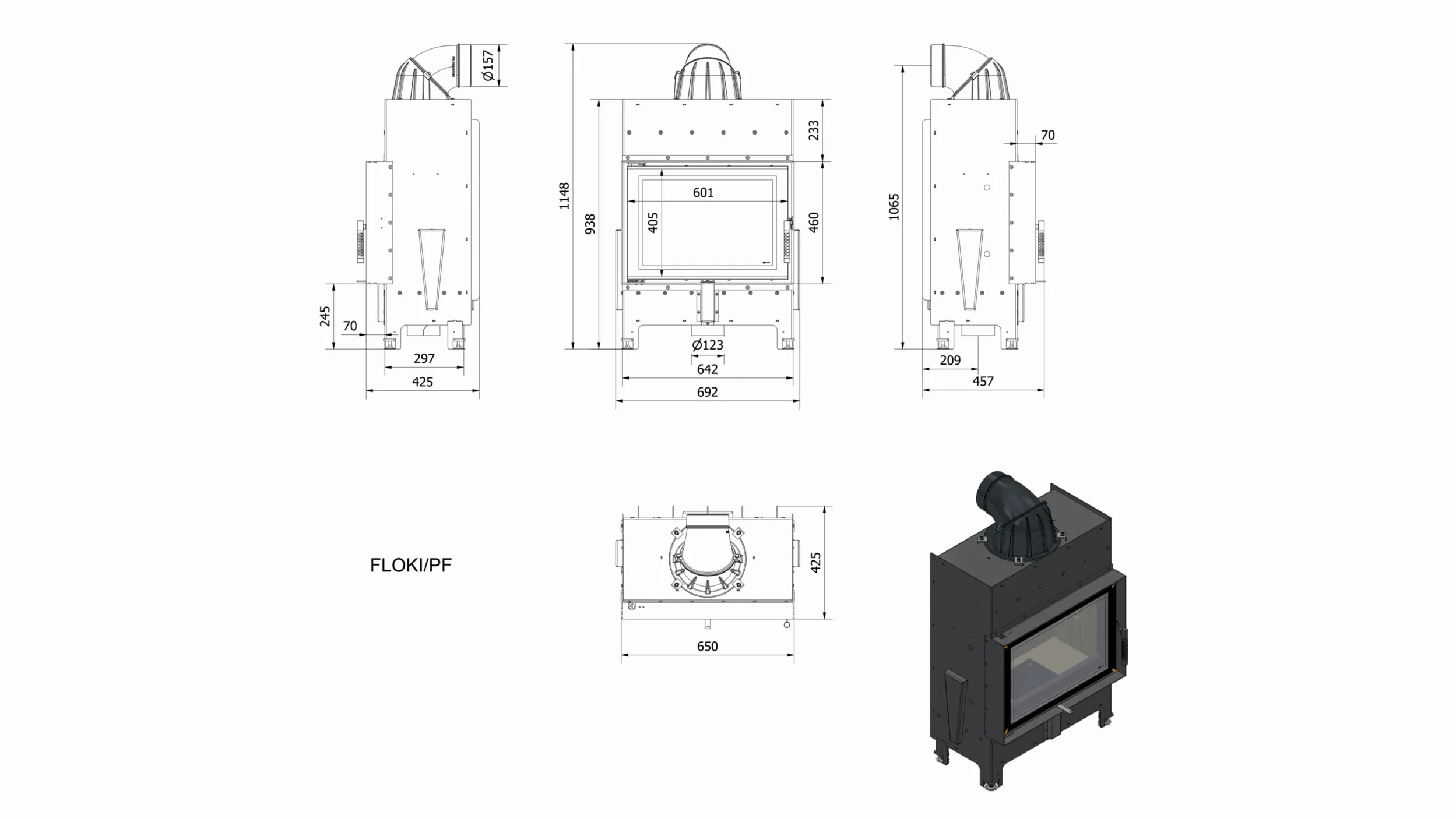 KRATKI Inserto per camino in acciaio a legna FLOKI 8 kW Ø160 frontale A S | Acciaio nero, efficienza 79,7%, classe A. Ecodesign, BImSchV 2; per recupero calore.; combustione efficiente; basse emissioni