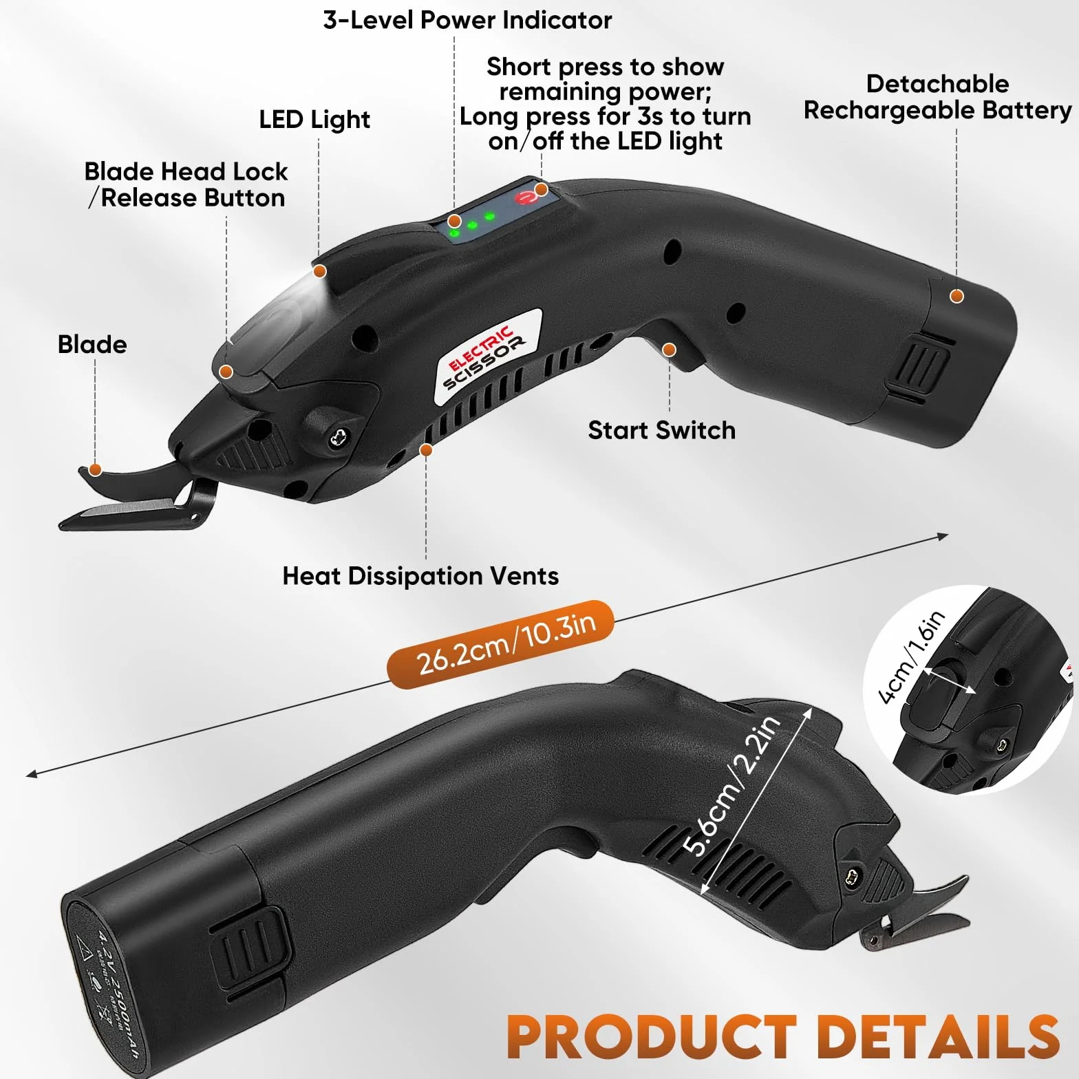 Forbice elettrica per tessuti 2500mAh 6000RPM 2 lame di ricambio