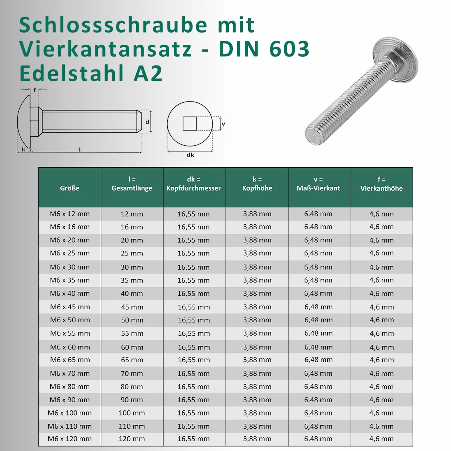 Dado ad alette M6 DIN 315 Viti a testa tonda M6 x 60 mm DIN 603 Acciaio inox A2/V2A 2 pezzi
