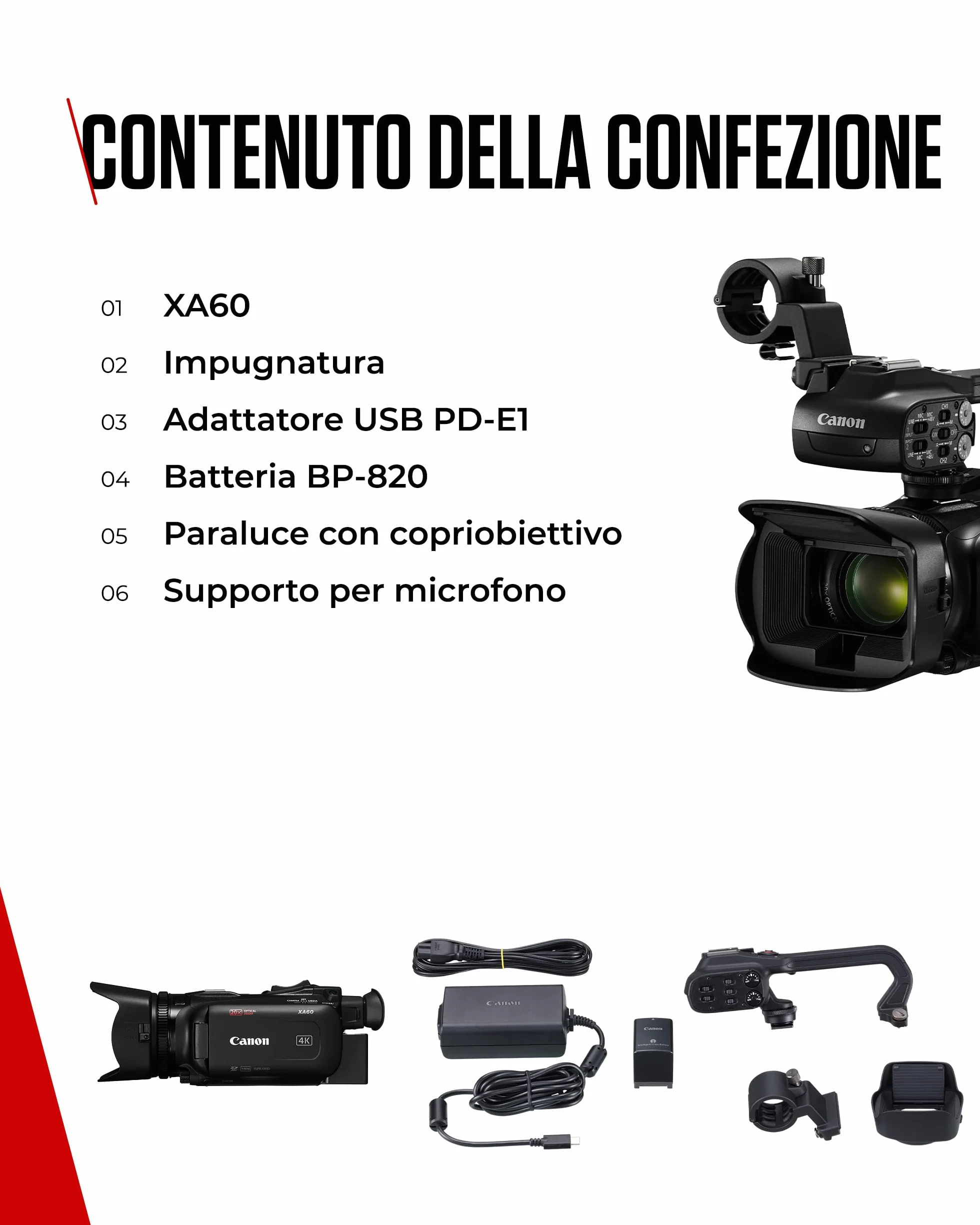 Canon XA60 - Videocamera 4K Professionale con Messa a Fuoco Automatica, Zoom Ottico 20x, Stabilizzazione a 5 Assi, Uscita HDMI e Streaming Live HD via USB-C