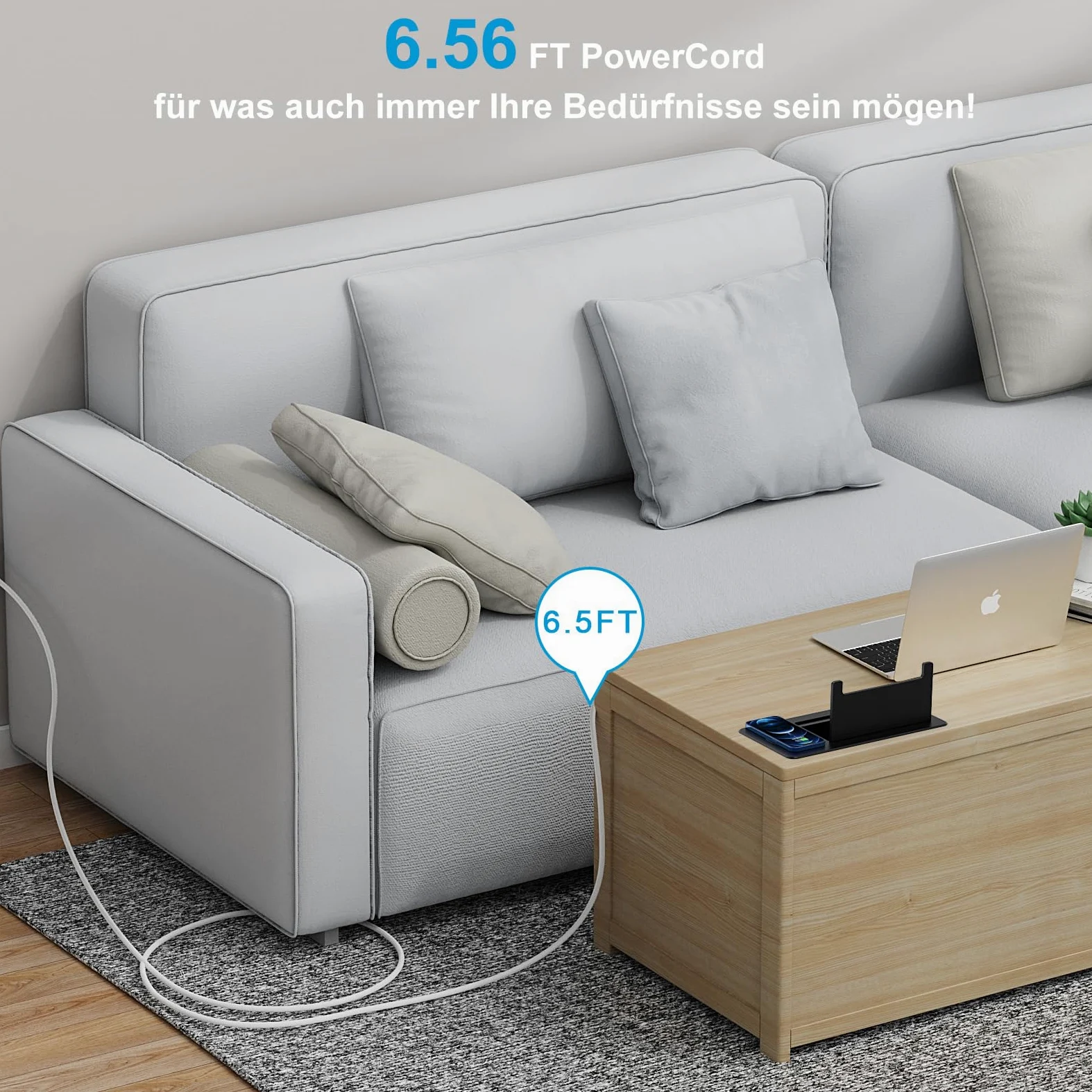 Ciabatta elettrica a scomparsa a 2 prese con 2 USB-C PD 20 W e 1 USB-A, presa da incasso in alluminio con cavo da 2 m, colore nero