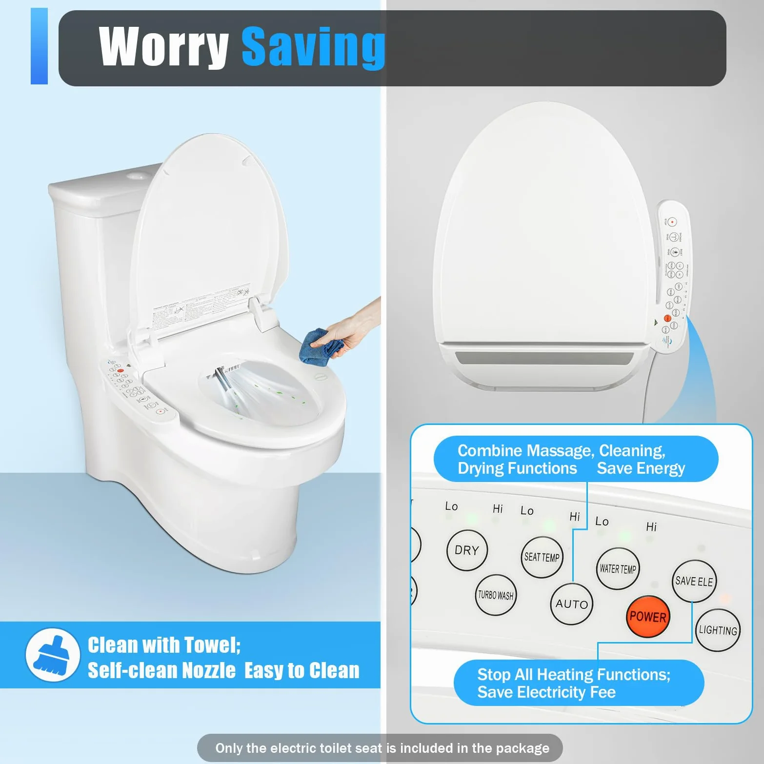 Sedile WC, doccia, WC con abbassamento automatico, copriwater non elettrico, doppio ugello autopulente