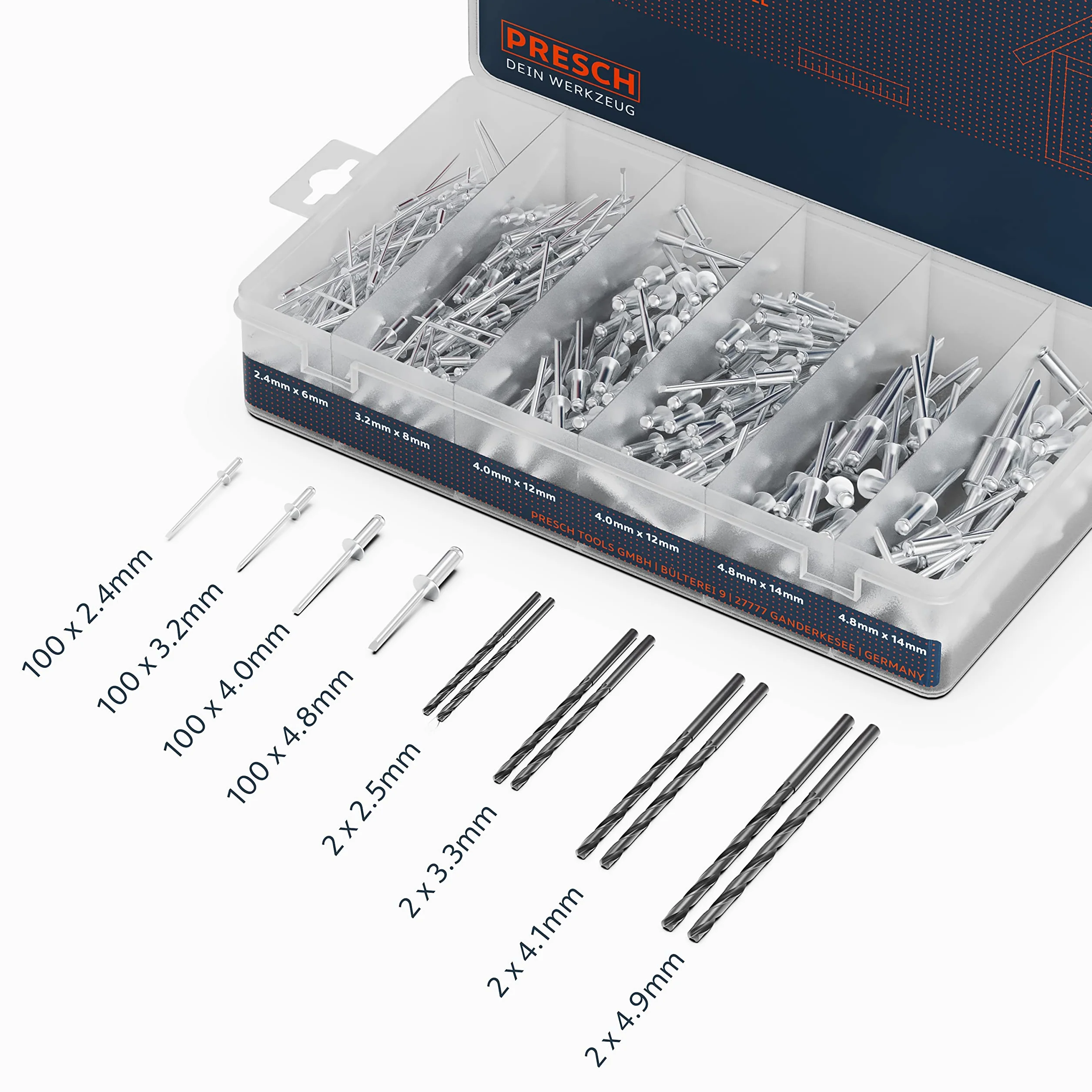 Presch Set rivetti ciechi 408 pezzi - Assortimento rivetti alluminio/acciaio 2,4-4,8mm con punte HSS 2,5-4,9mm