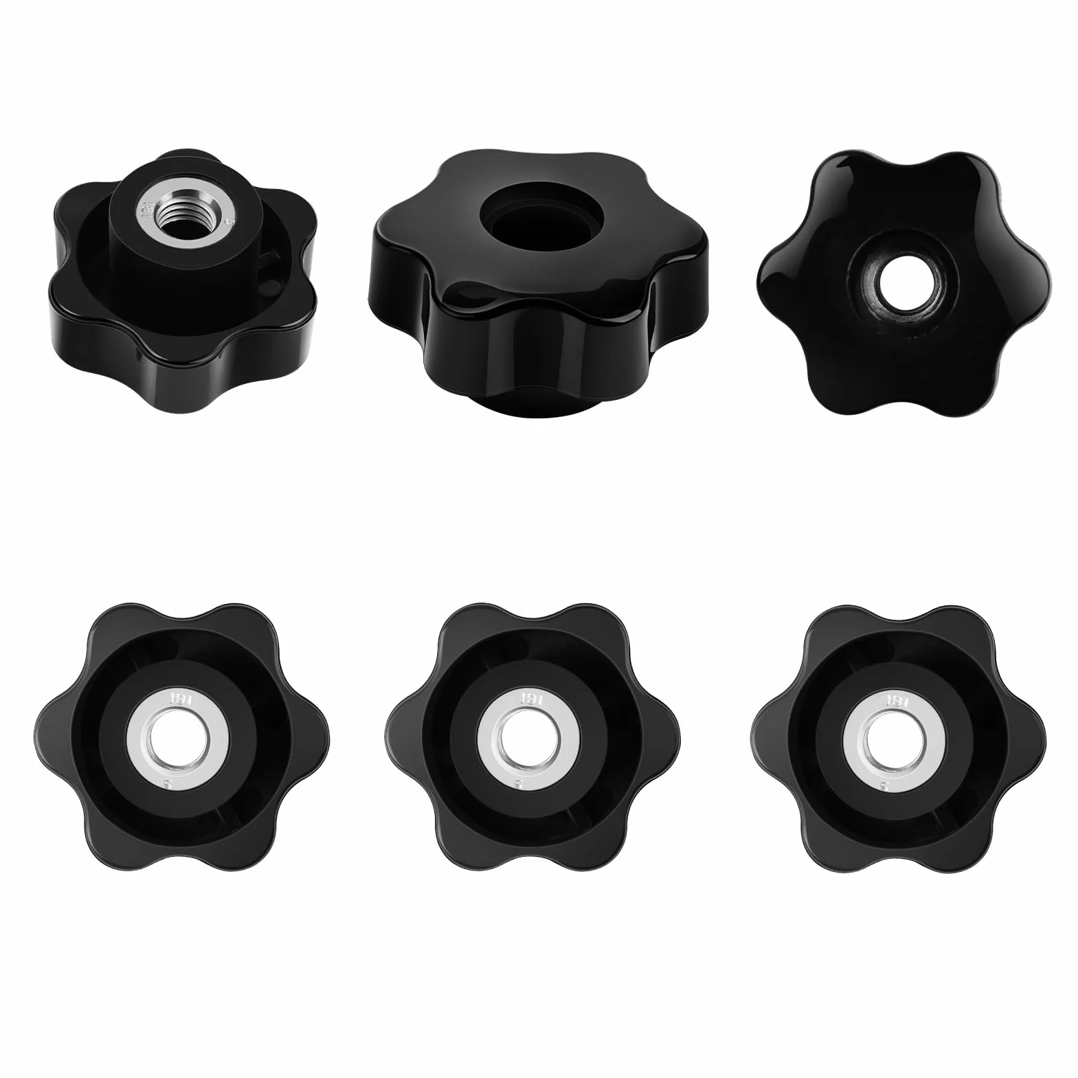 Manopole a Stella M10 48# 6pcs Manopola Passante Testa Esagonale Filettata Femmina in Plastica Nera