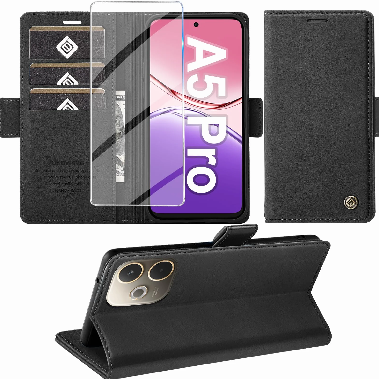 Giyer Cover per OPPO A5 Pro Custodia con Vetro Temperato, Premium Pelle PU Portafoglio Slot per Scheda RFID Antifurto Funzione Supporto Flip Case, Antiurto per OPPO A5 Pro 5G Cover (Nero)