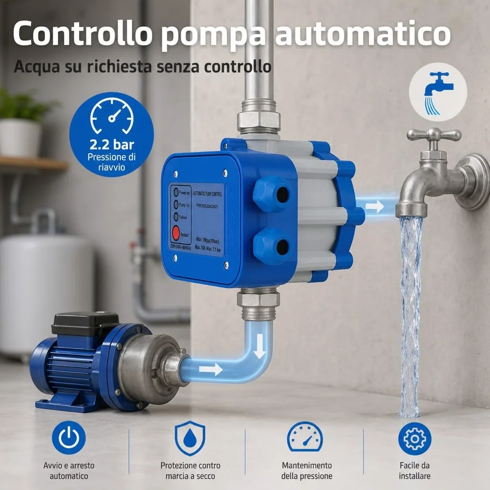 HM | Presscontrol regolatore di pressione per elettropompa, 2,2 bar, attacco 1" | Controllo elettronico automatico, protezione da funzionamento a secco, per sistemi idrici domestici