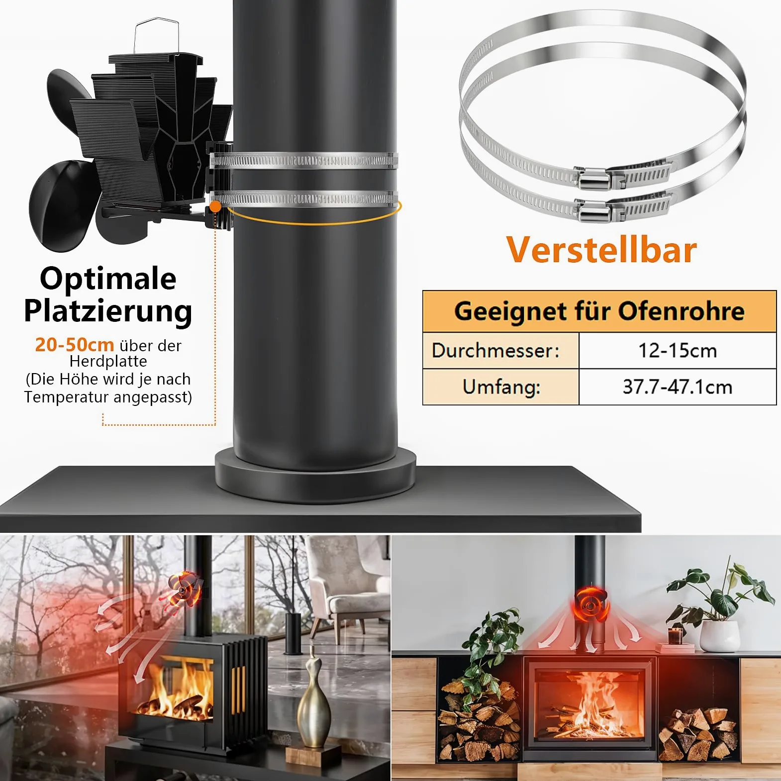 Hanaoyo Ventilatore per camino, magnetico, migliorato senza corrente, silenzioso, ventilatore per legna da ardere, focolare e stufa, ventilatore per canna fumaria con 2 anelli di ricambio