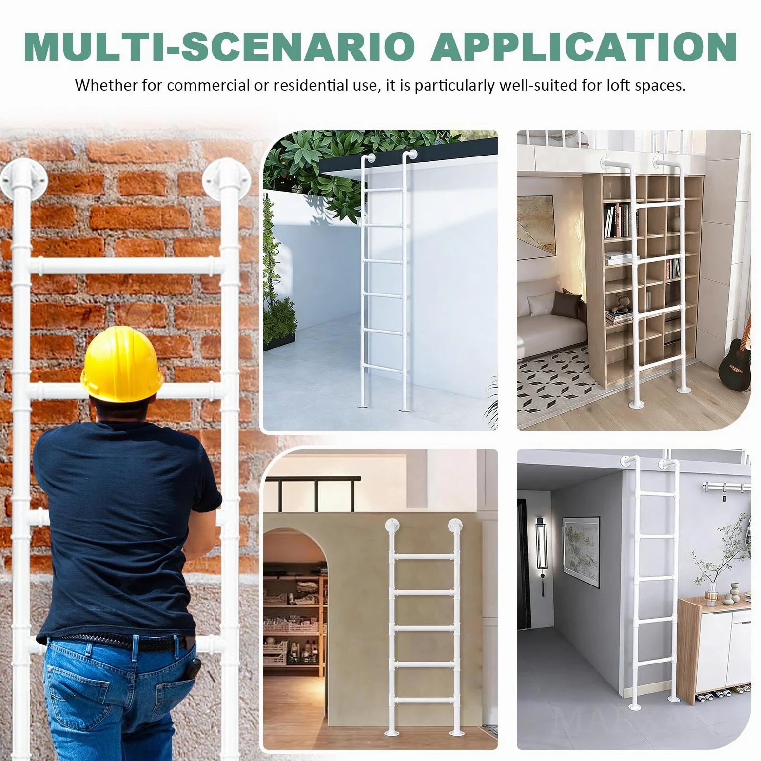 Scala di Uscita di Emergenza Resistente per Casa/Letto a Castello, Scala da Soppalco da Terra in Ferro battuto Bianco con Accessori di Montaggio, Dimensioni Personalizzabili(155cm/61in)