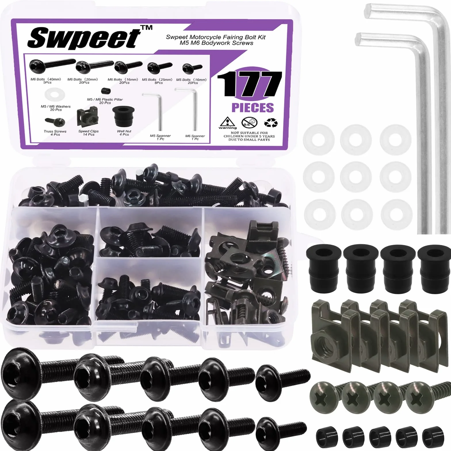 Swpeet 177Pcs Kit Bulloni Moto M5 M6 Viti Parabrezza Carenatura Nero