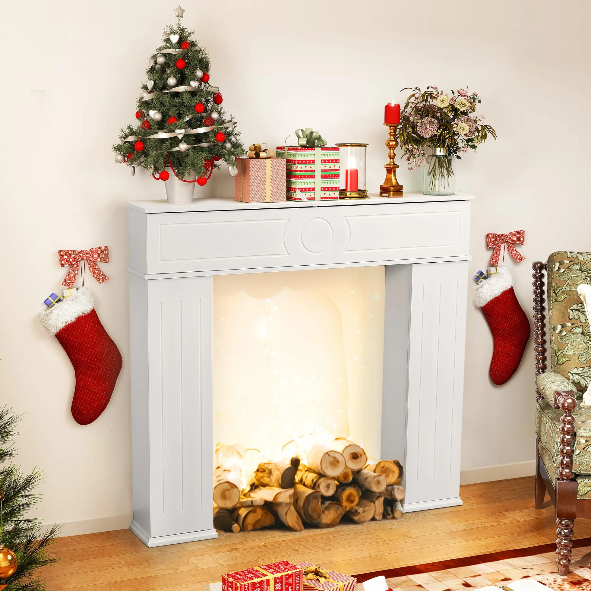 Cornice decorativa per camino in legno 3 porte con vano portaoggetti e scomparto segreto