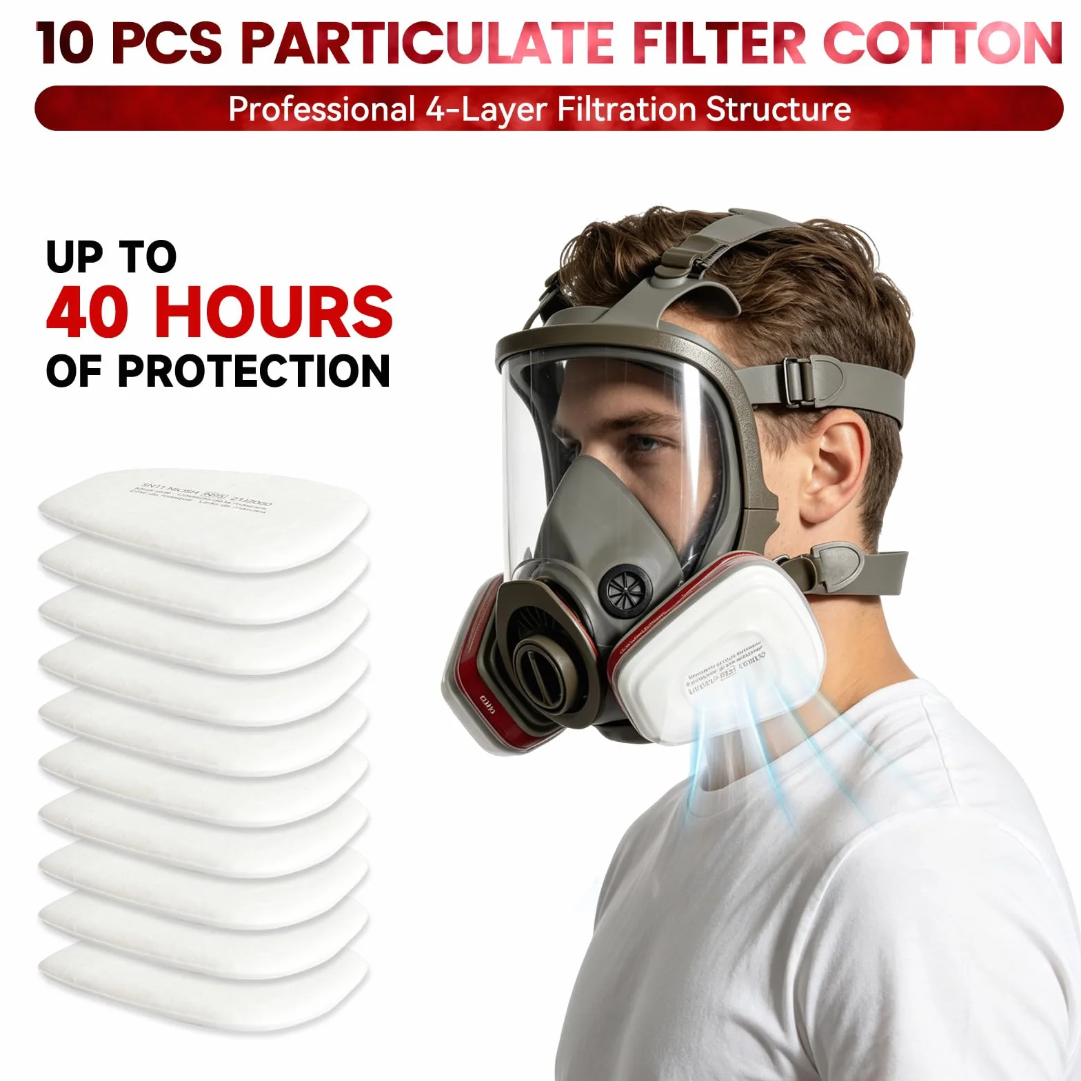 Maschera integrale antipolvere con 10 filtri, riutilizzabile per levigatura, verniciatura, lucidatura