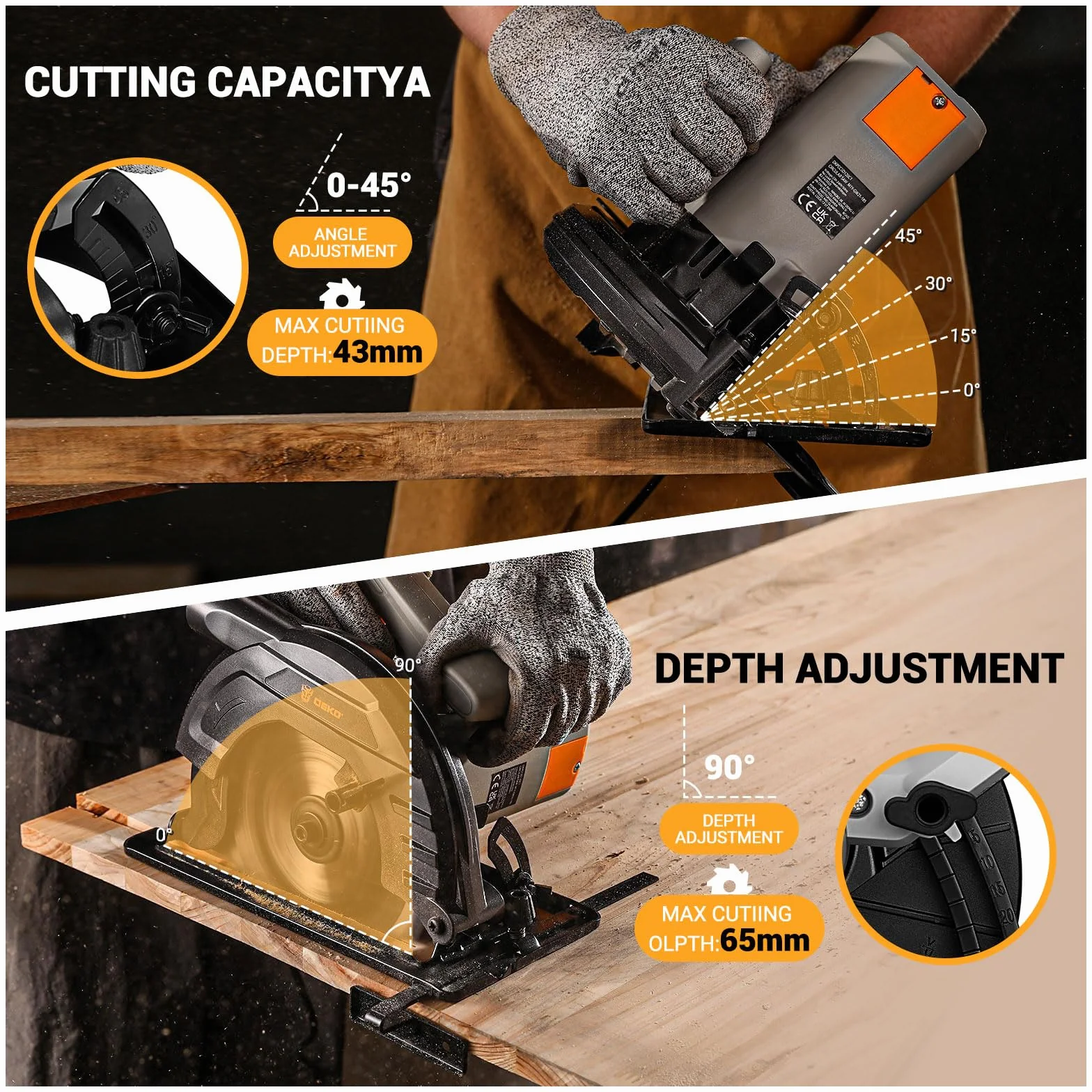 Sega circolare per legno Sierra Circular 1200W: DEKOPRO Sega circolare con binario guida, Hoja de sierra Ø185mm(24T), Profondità massima di taglio 65mm (90°), 43mm (45°), Ideale per Tagliare Legno