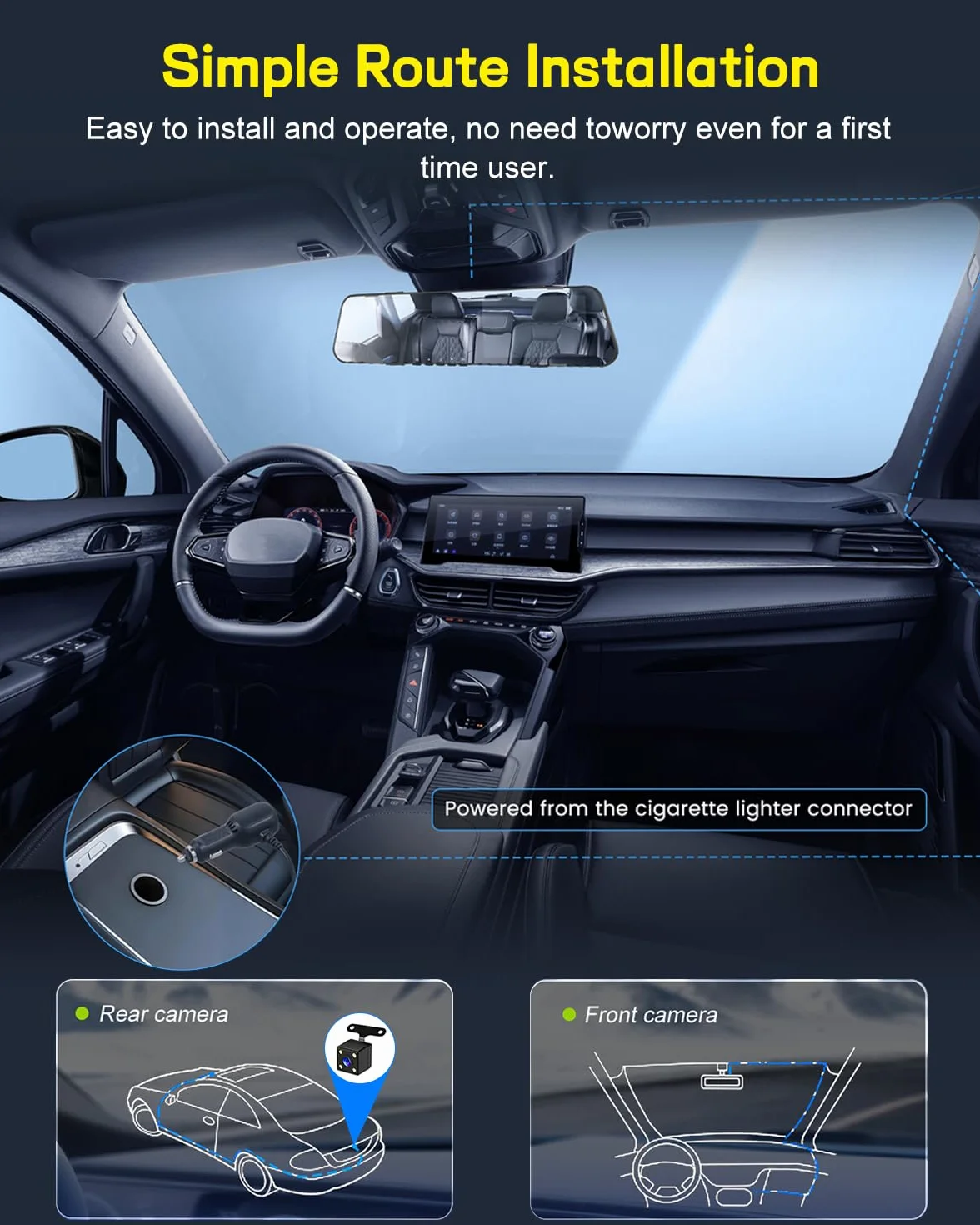 NHOPEEW 1080P Dash Cam con specchio e schermo da 4,5 pollici - Telecamere anteriori e posteriori Supporta registrazione in loop Controllo dell'esposizione della linea di retromarcia Visione notturna
