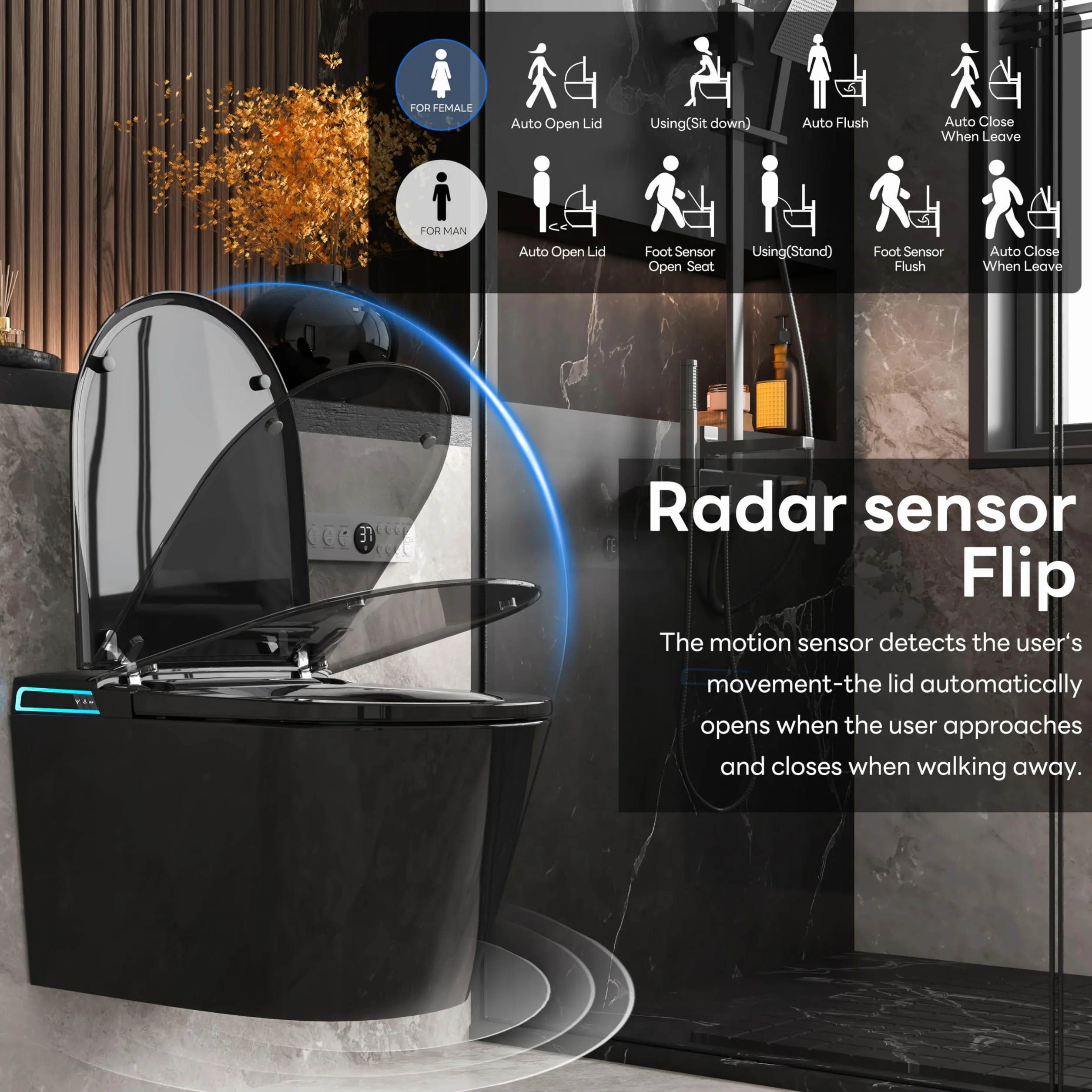 Smart WC nero da appendere alla parete, scarico automatico, coperchio con apertura e chiusura automatica, sedile riscaldato, acqua calda/asciugatrice, moderno bidet allungato con supporto a