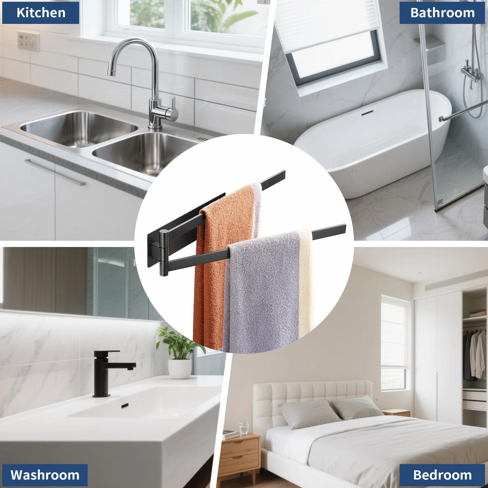 Porta Asciugamani Bagno Adesivo Girevole 180° Acciaio SUS304 Nero 39cm
