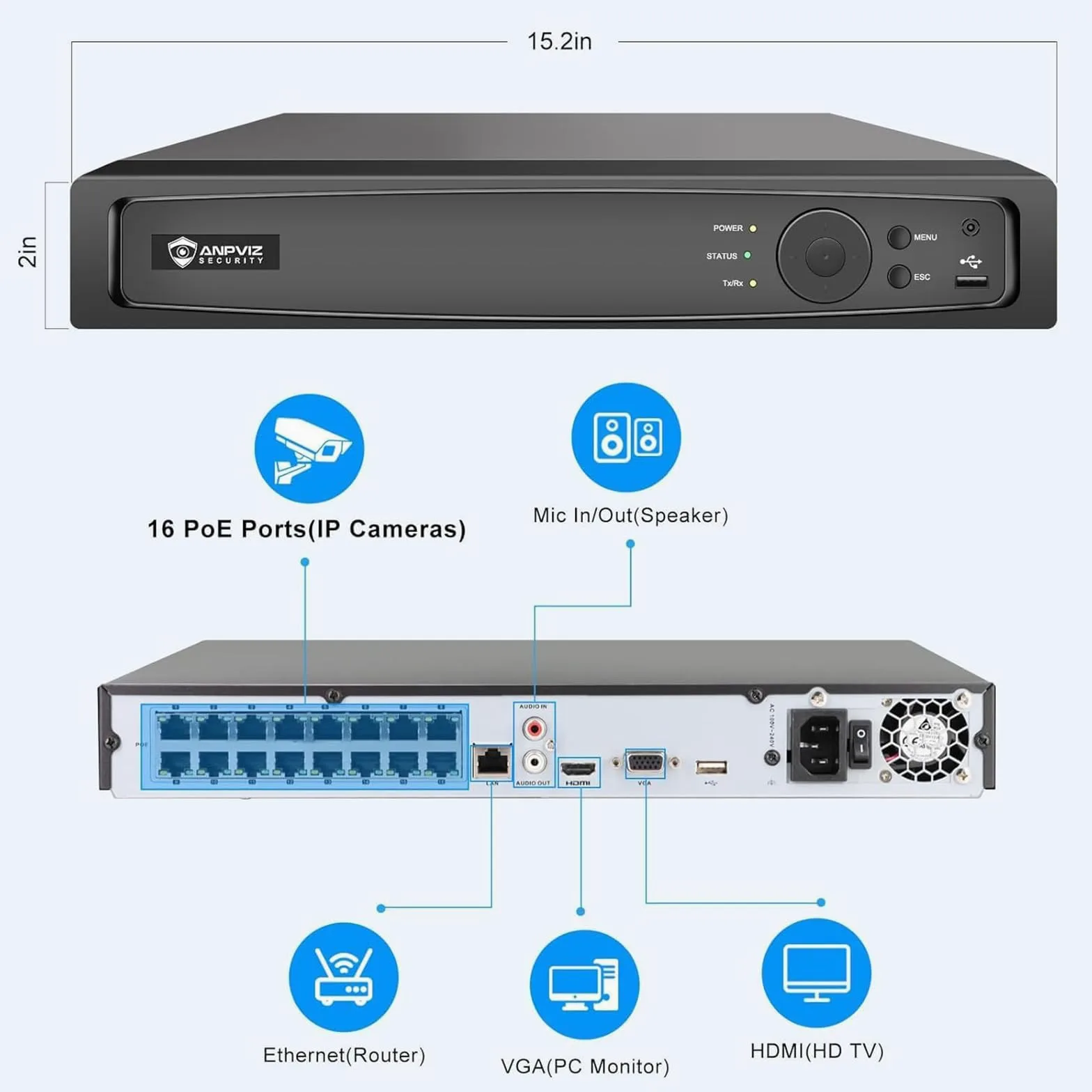 Anpviz Videoregistratore di rete PoE a 16 canali 4K NVR (1080p/3MP/4MP/5MP/6MP/8MP), sistema di videoregistratore di sicurezza domestica IP, conforme H.265+, backup compatibile IVMS4200 (16CH 4K NVR