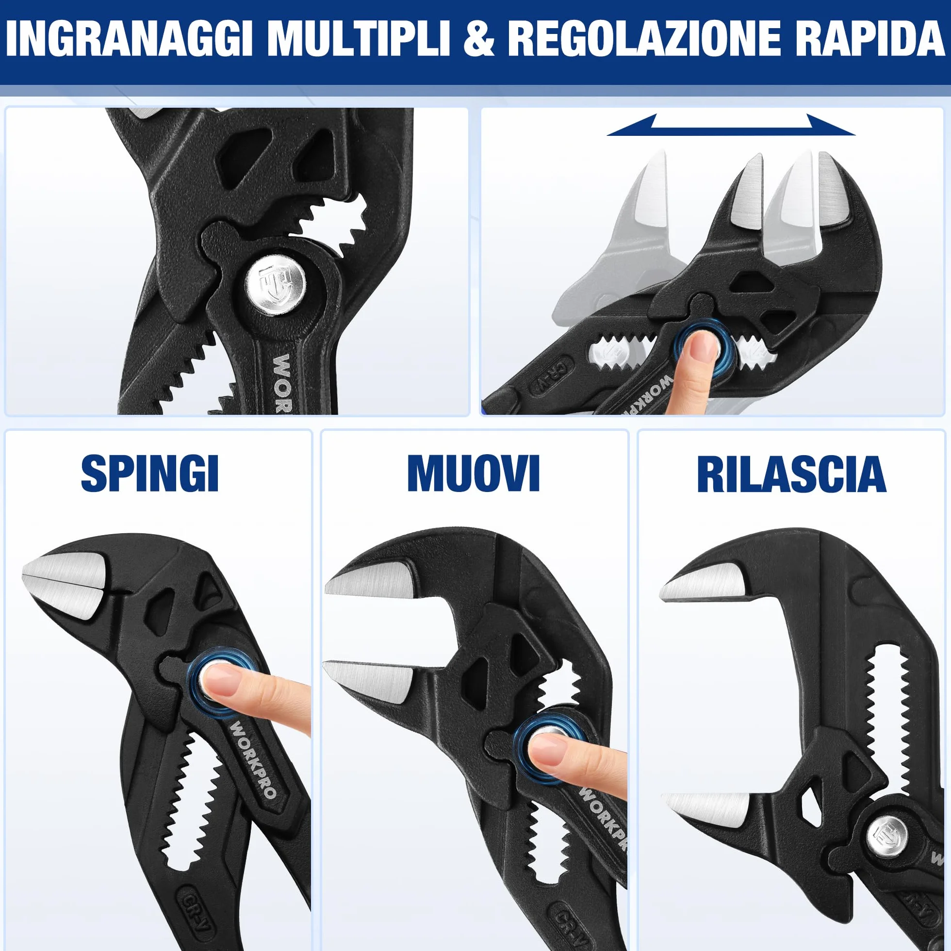 WORKPRO Pinza Chiave a 2 Pezzi 180 mm 255 mm Set Cr-V Chiave Regolabile Apertura 40 mm 50 mm