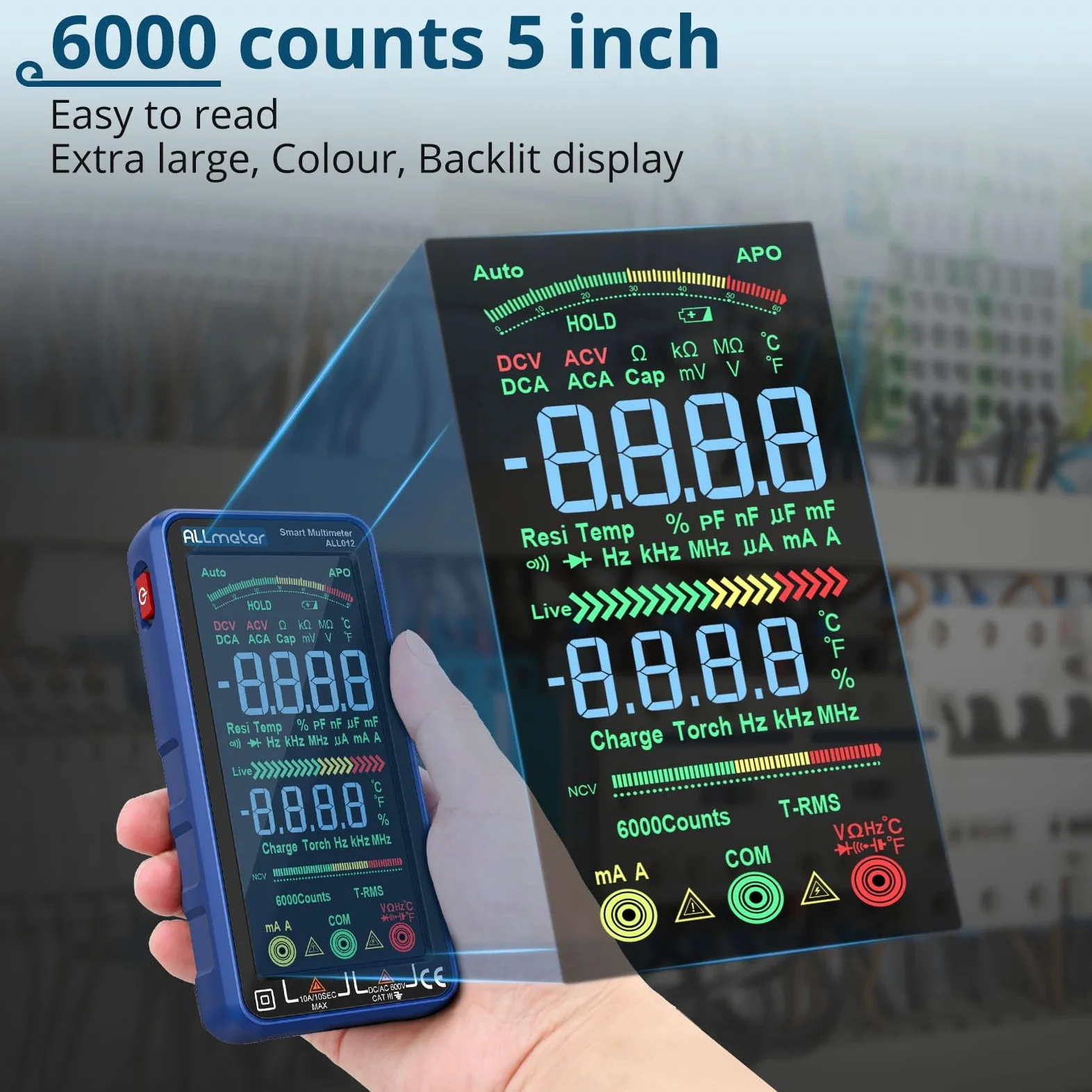 Smart Multimetro a 6000 Conteggi con TRMS, NCV e USB Ricaricabile | Tester Digitale Professionale con Schermo a Colori, Misura Tensione Corrente Capacità Resistenza per Elettricisti e Fai-da-Te