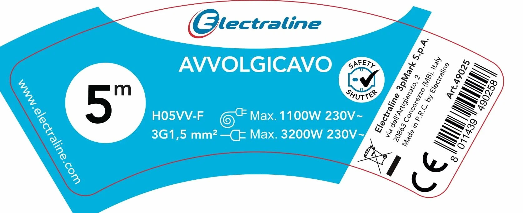 Electraline 49025 Prolunga Elettrica con Avvolgicavo 5 mt, 4 Prese Polivalenti (Schuko + 10/16A), Spina 16A, Sezione Cavo 3G1,5 mm², Grigio/Nero