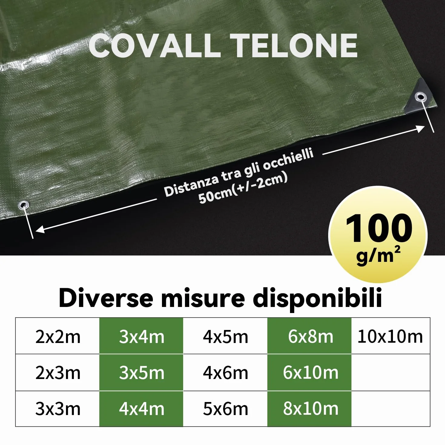 Telo Telone Teloni impermeabile 100g/m² Medio 3x3m Consolida fori di saldatura a secco Multiuso Resistenza a strappo tenda UV telone tetto barca camion Telone auto RV (verde)