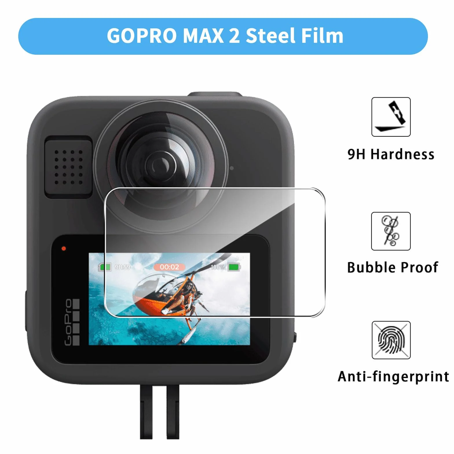 QULLOO Pellicola Protettiva per GoPro MAX 2, 2 Pezzi HD Vetro Temperato Durezza 9H Anti-graffio Schermo Protezione